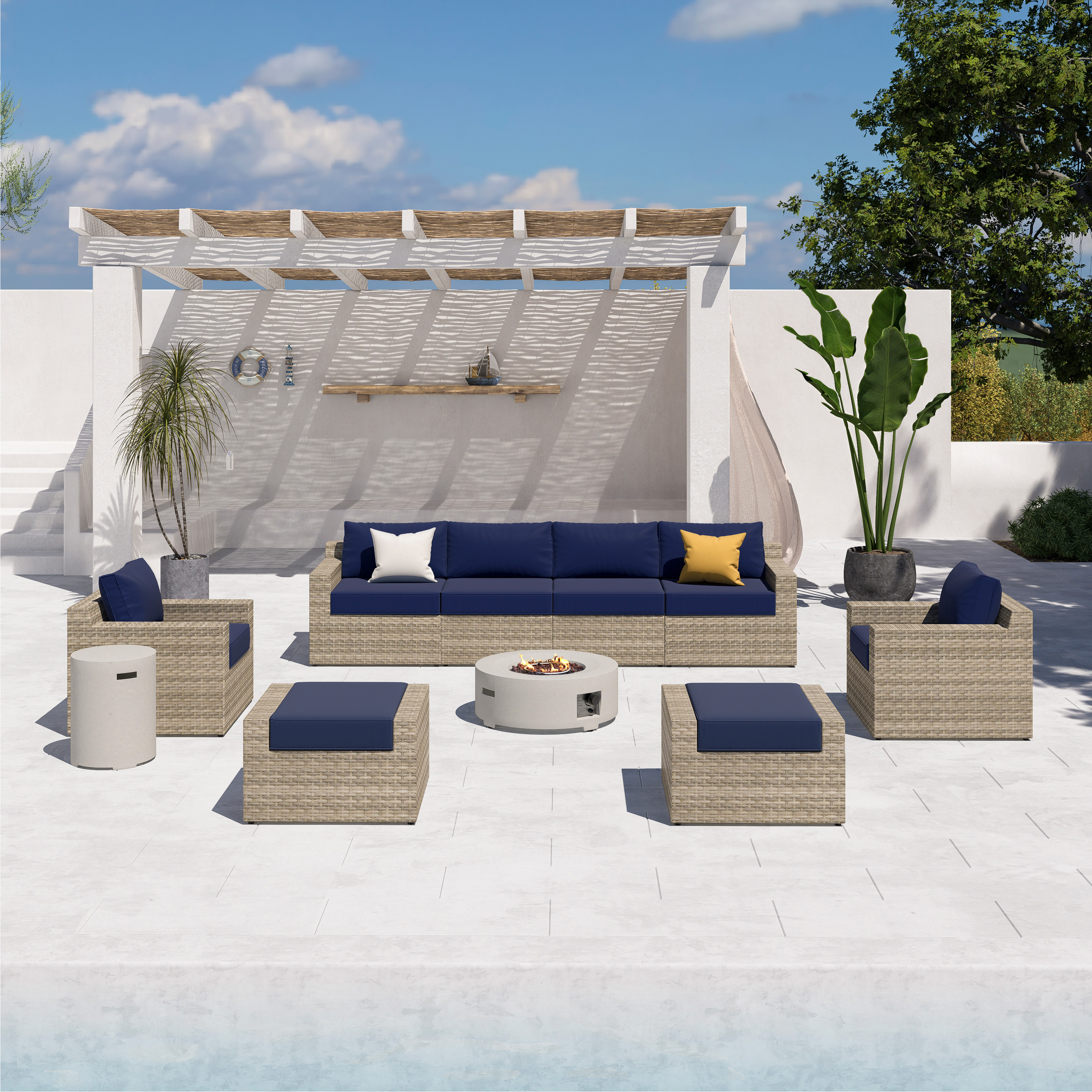 VENTURA 8 - Person Outdoor Seating Group with Cushions - Fire table-Cylinder