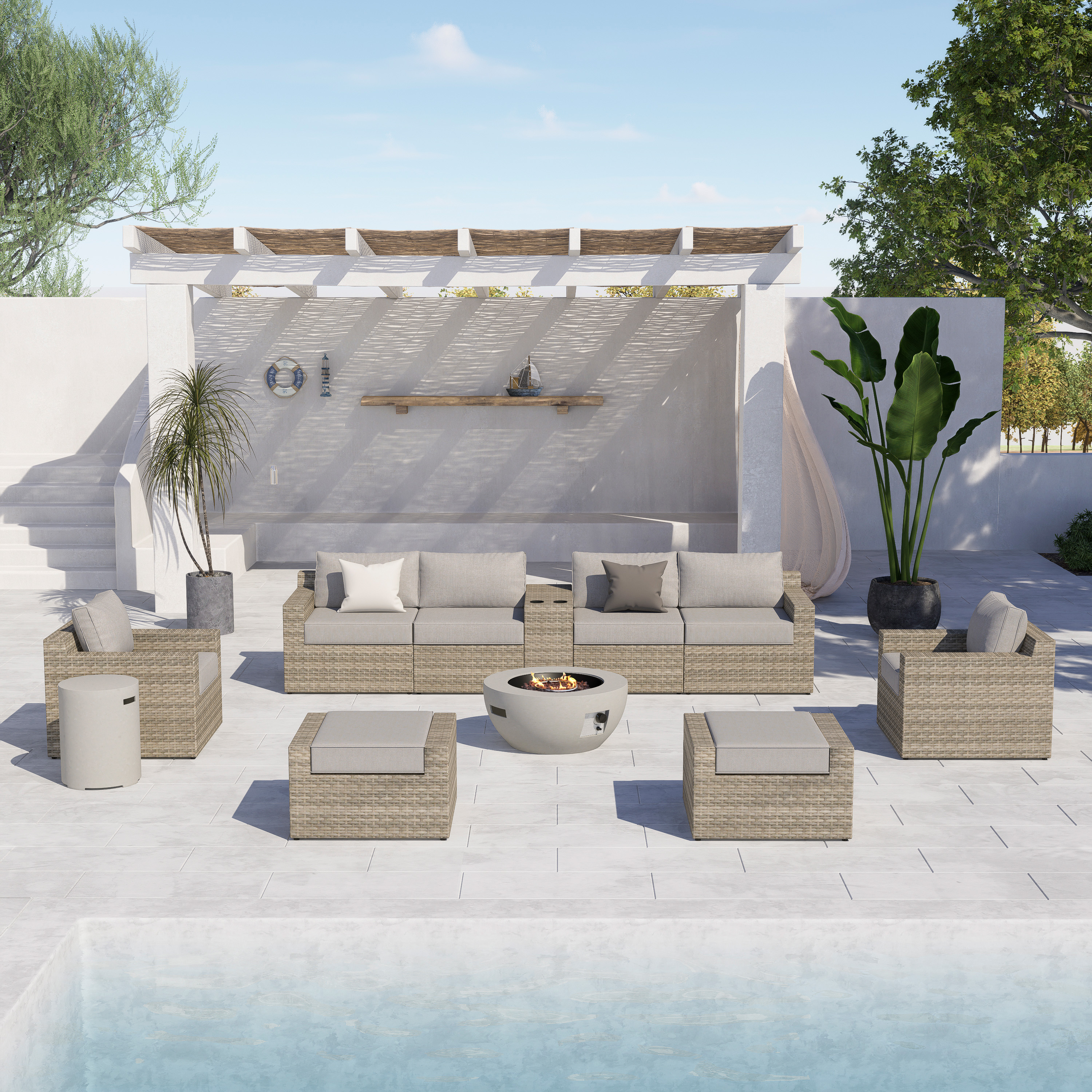 VENTURA 11 Piece Wicker Outdoor Conversation Sofa With Fire table-Egg