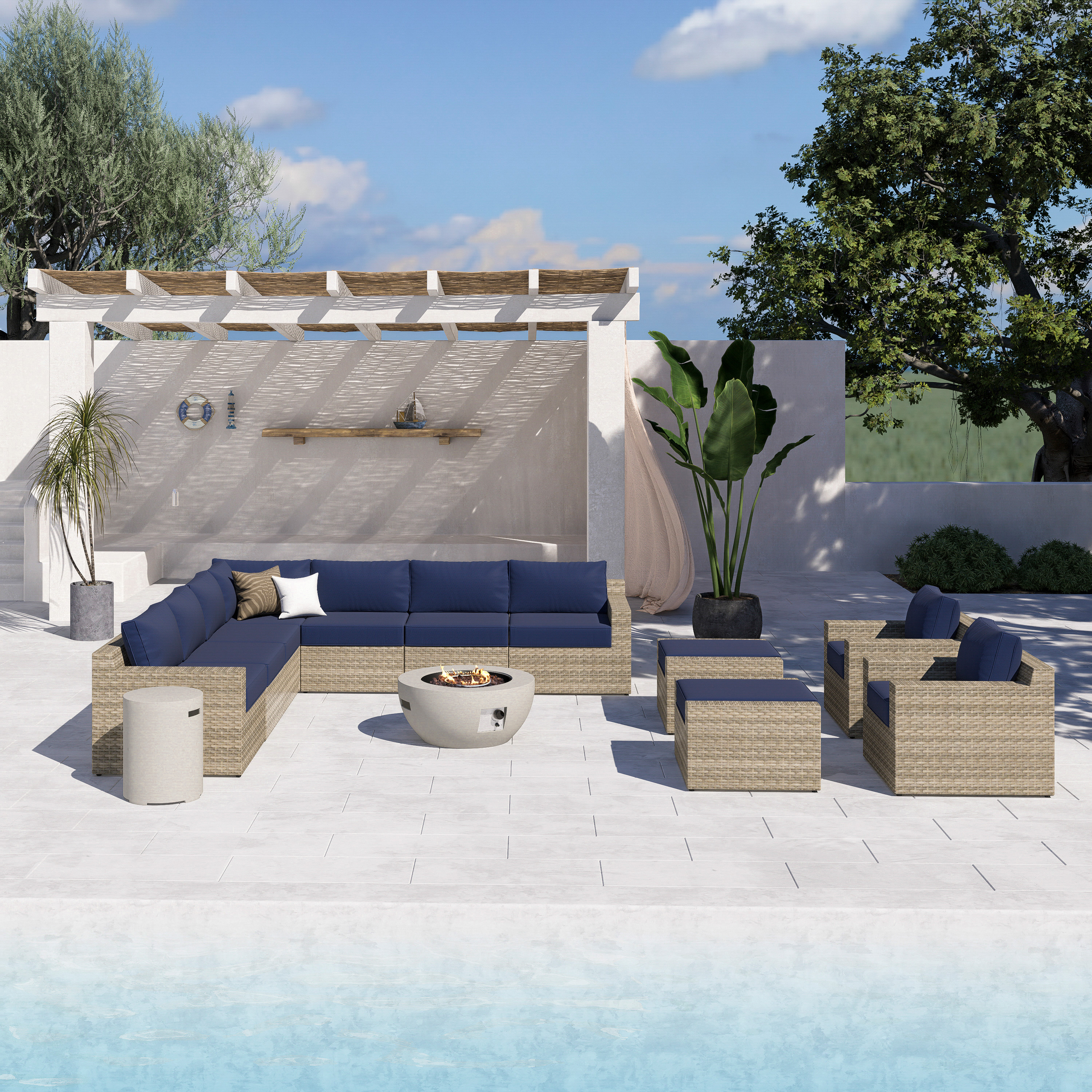 VENTURA 13 Piece Wicker Outdoor Conversation Sofa With Fire table-Egg