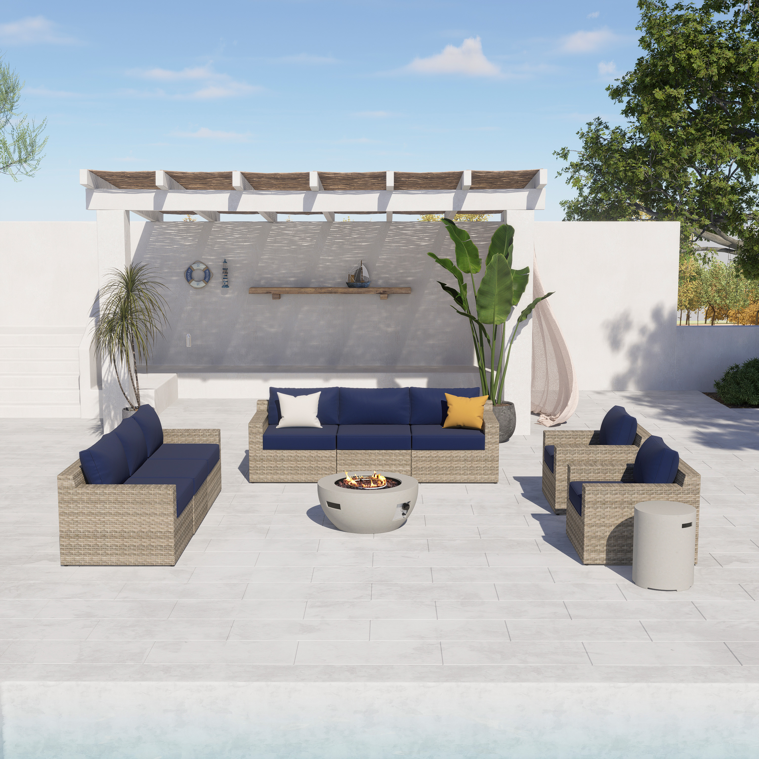 VENTURA 10 Piece Wicker Outdoor Conversation Sofa With Fire Table-Egg