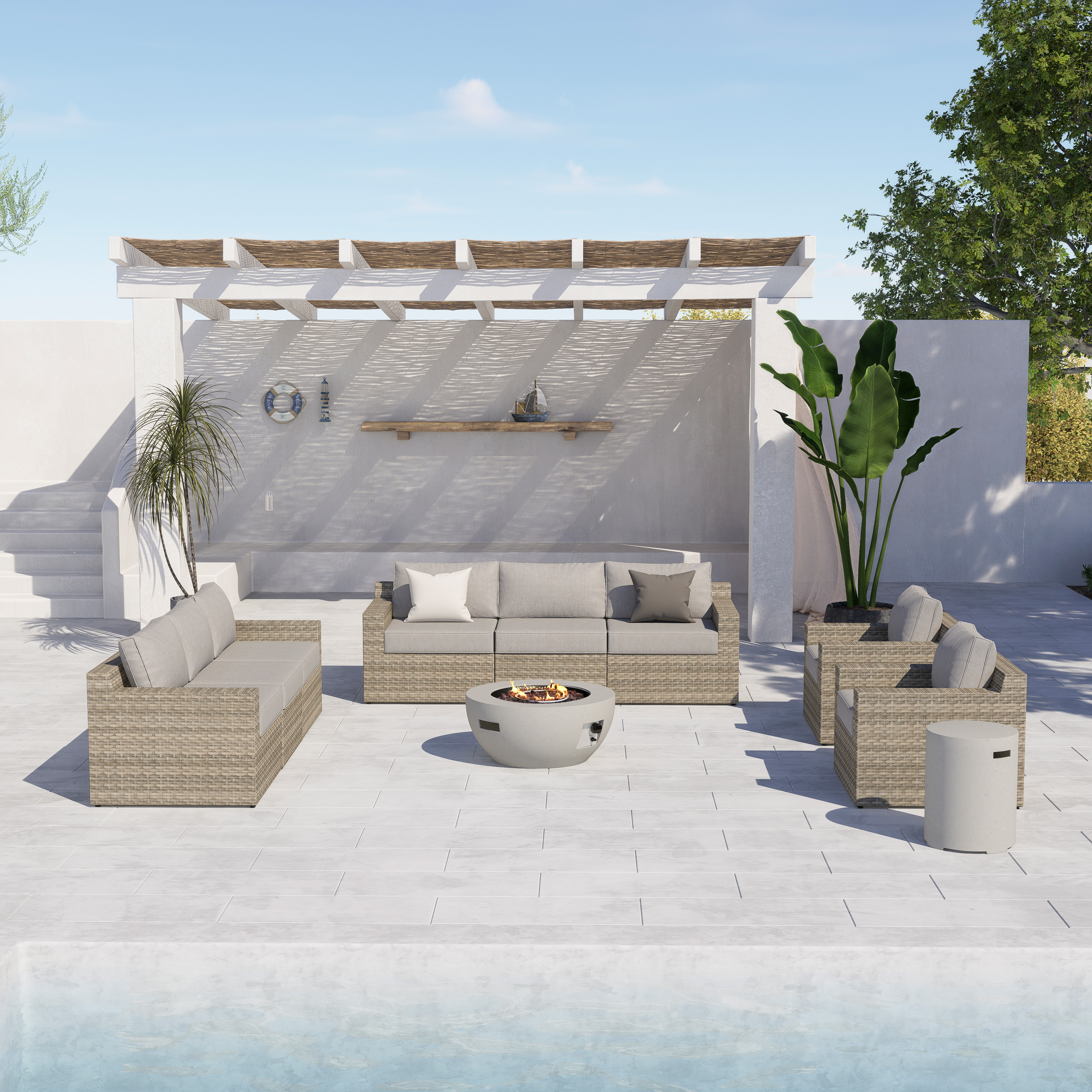 VENTURA 10 Piece Wicker Outdoor Conversation Sofa With Fire Table-Egg