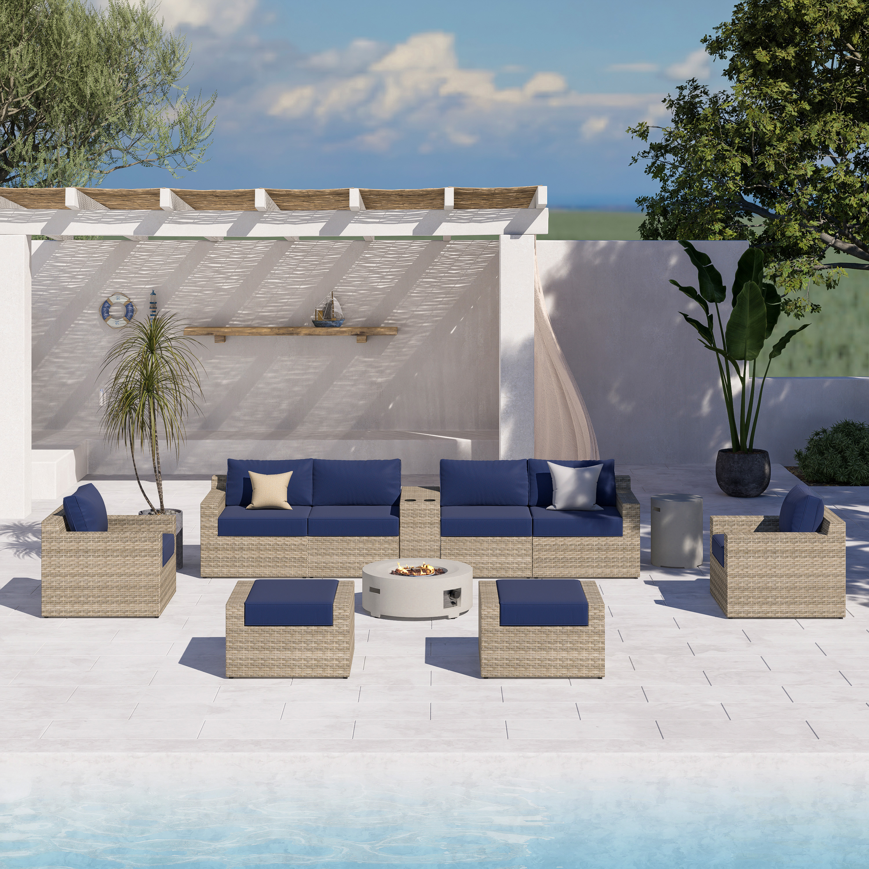 VENTURA 11 Piece Wicker Outdoor Conversation Sofa With Fire table-Cylinder