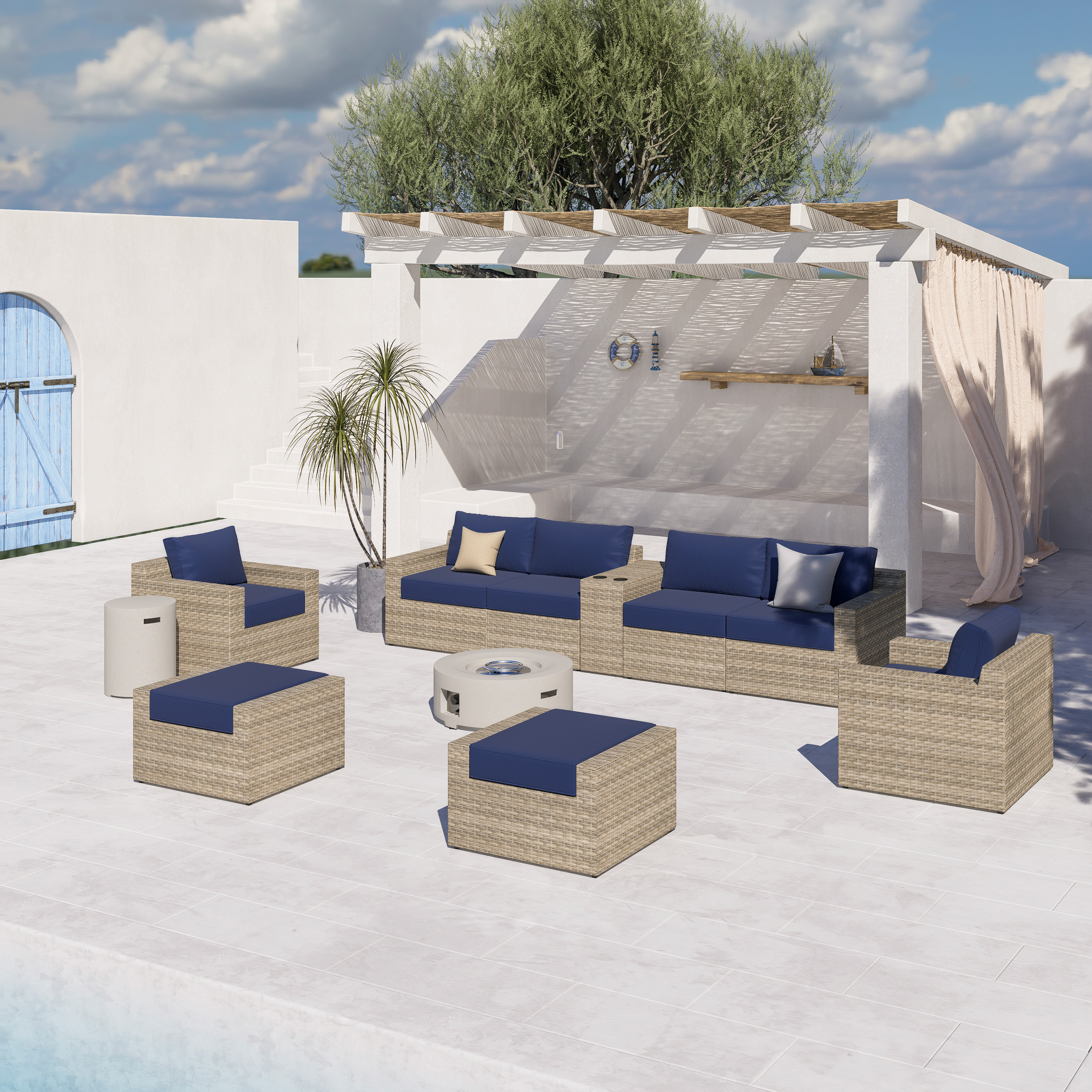 VENTURA 11 Piece Wicker Outdoor Conversation Sofa With Fire table-Cylinder