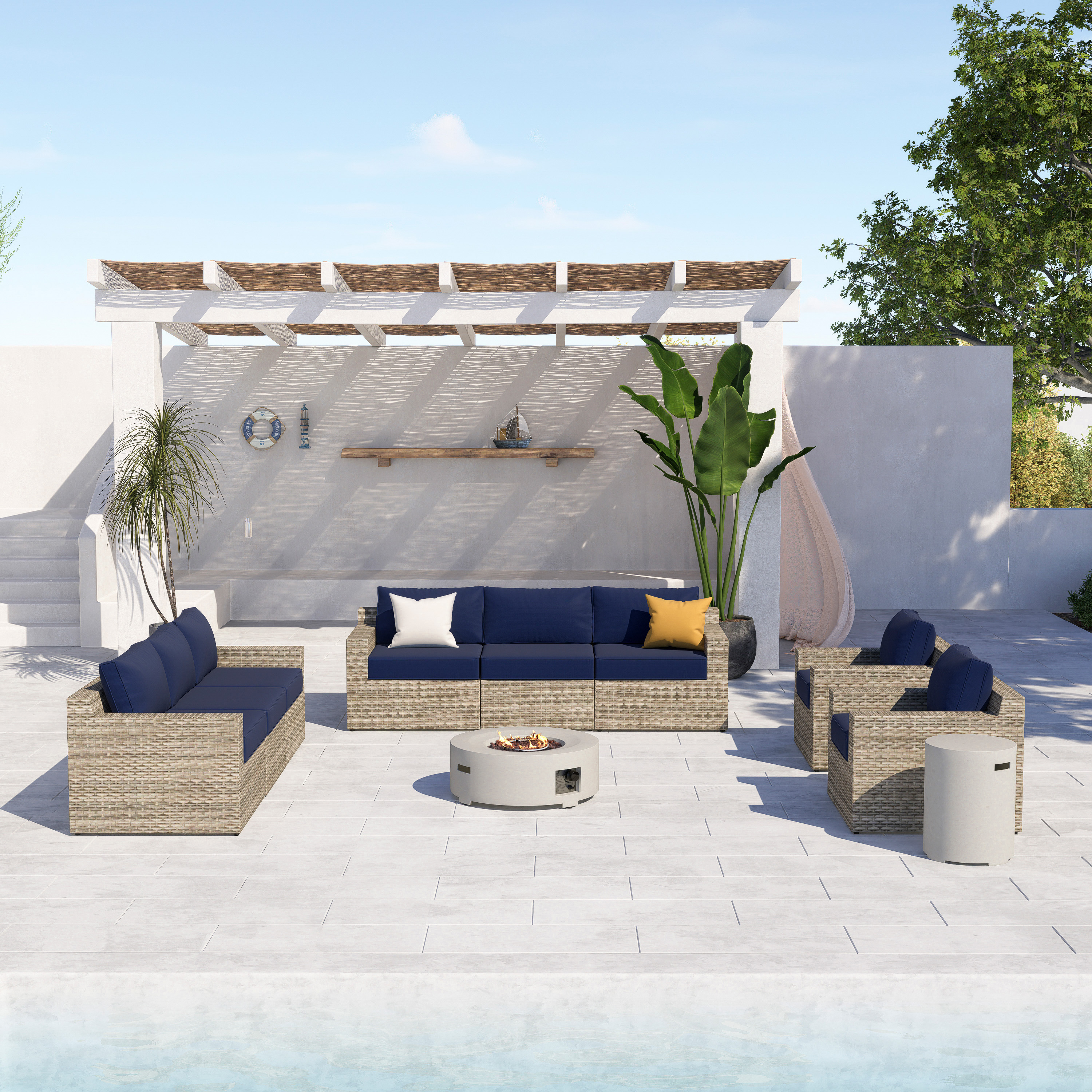 VENTURA 10 Piece Wicker Outdoor Conversation Sofa With Fire table-Cylinder