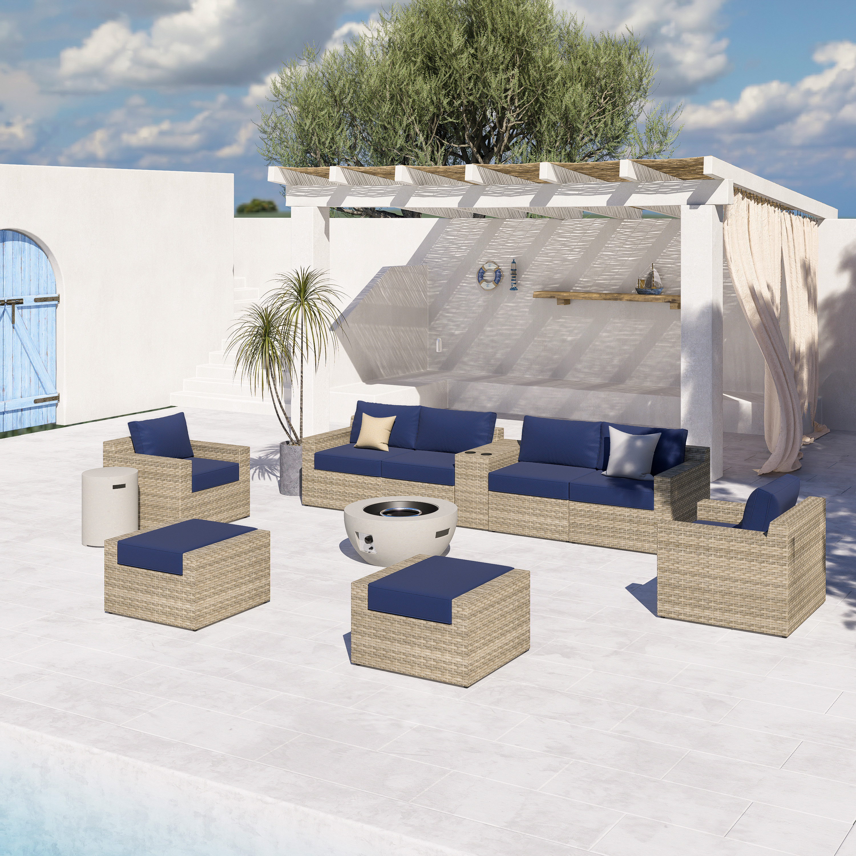 VENTURA 11 Piece Wicker Outdoor Conversation Sofa With Fire table-Egg