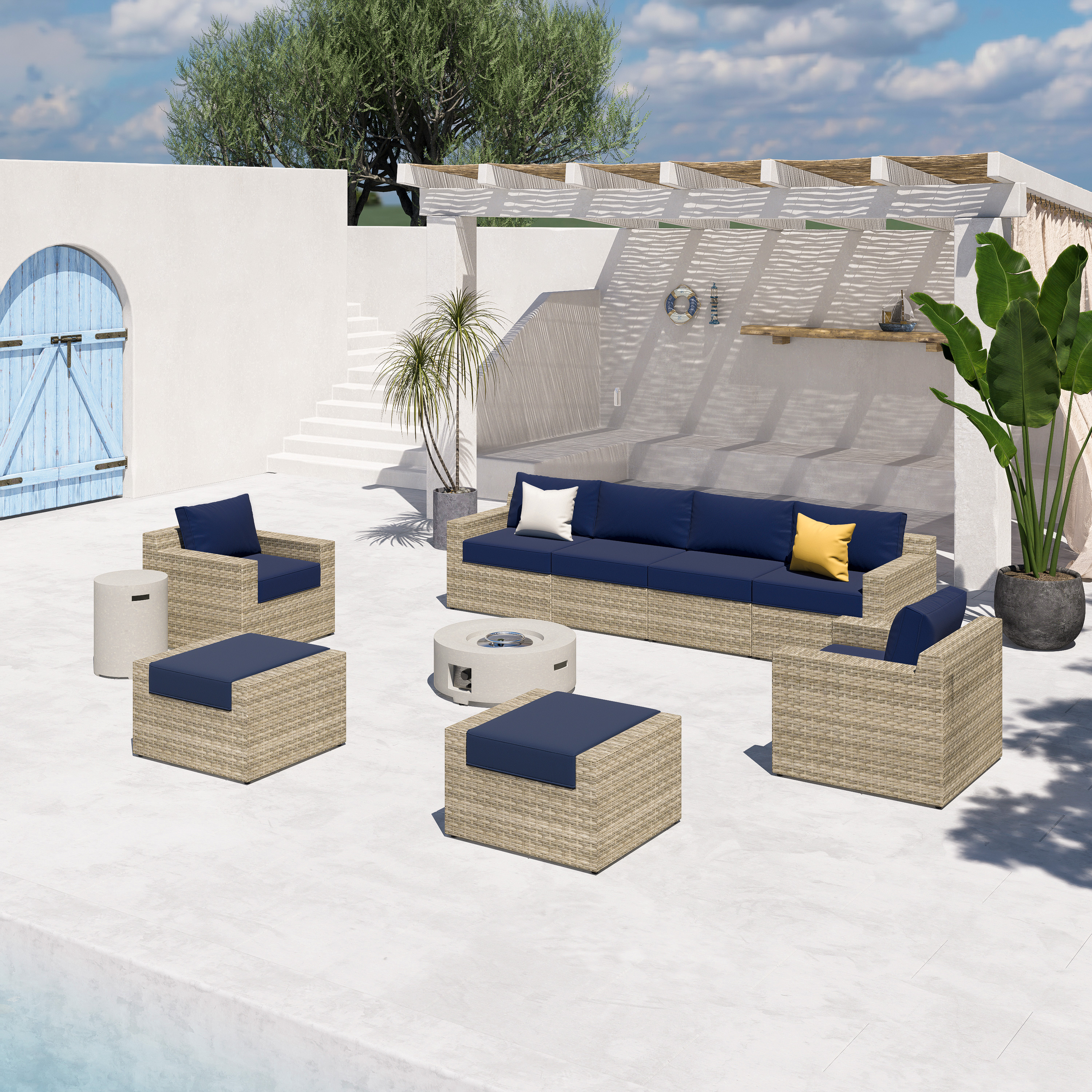 VENTURA 8 - Person Outdoor Seating Group with Cushions - Fire table-Cylinder