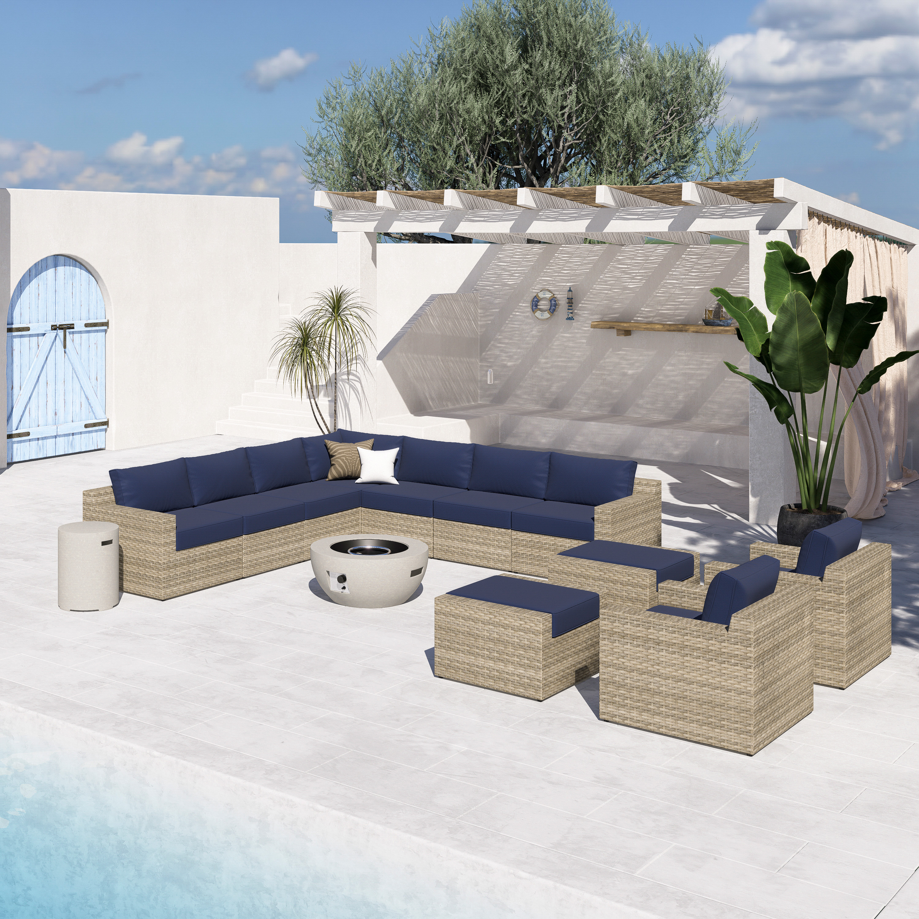 VENTURA 13 Piece Wicker Outdoor Conversation Sofa With Fire table-Egg