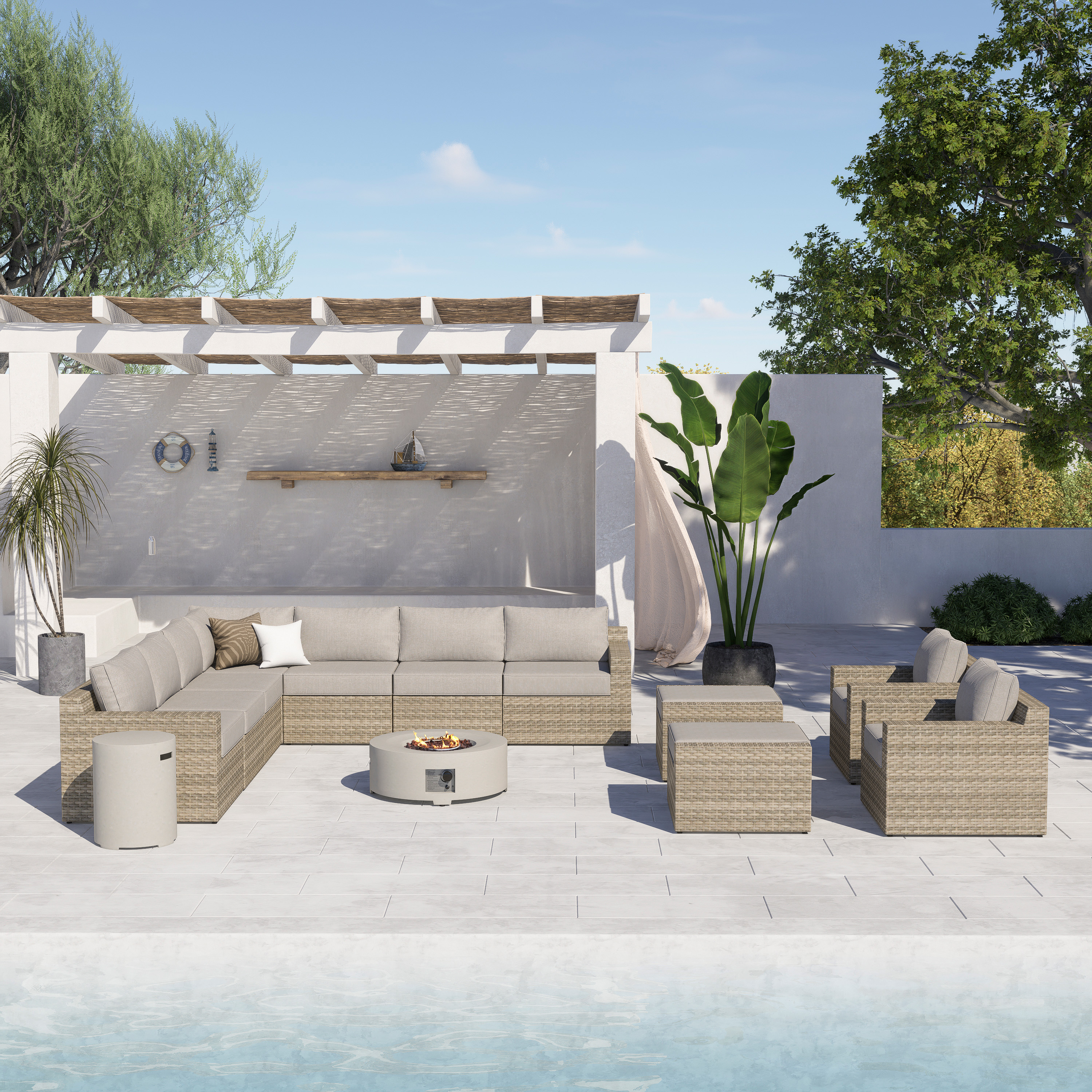 VENTURA 13 Piece Wicker Outdoor Conversation Sofa With Fire table-Cylinder