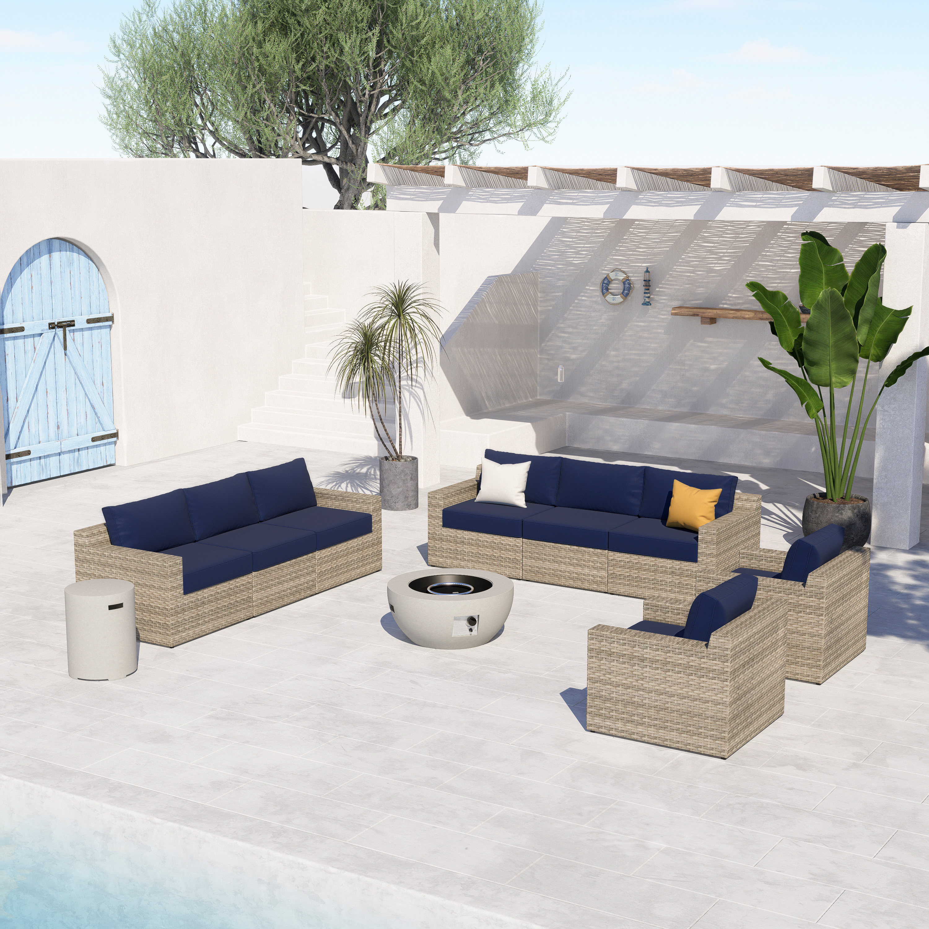 VENTURA 10 Piece Wicker Outdoor Conversation Sofa With Fire Table-Egg