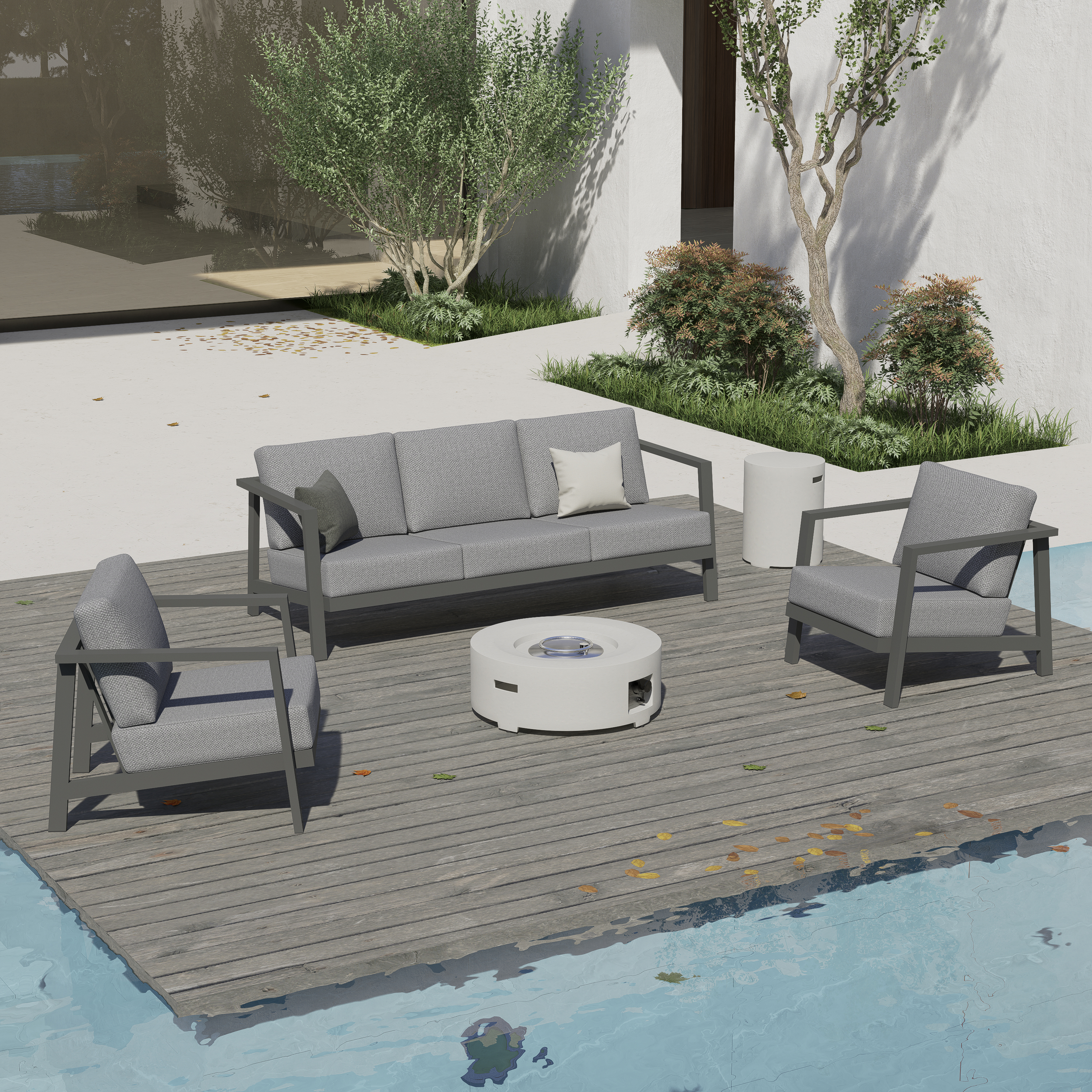 KATE Aluminum Outdoor Sofa with Armchairs - 5 Seat - Fire table-Cylinder