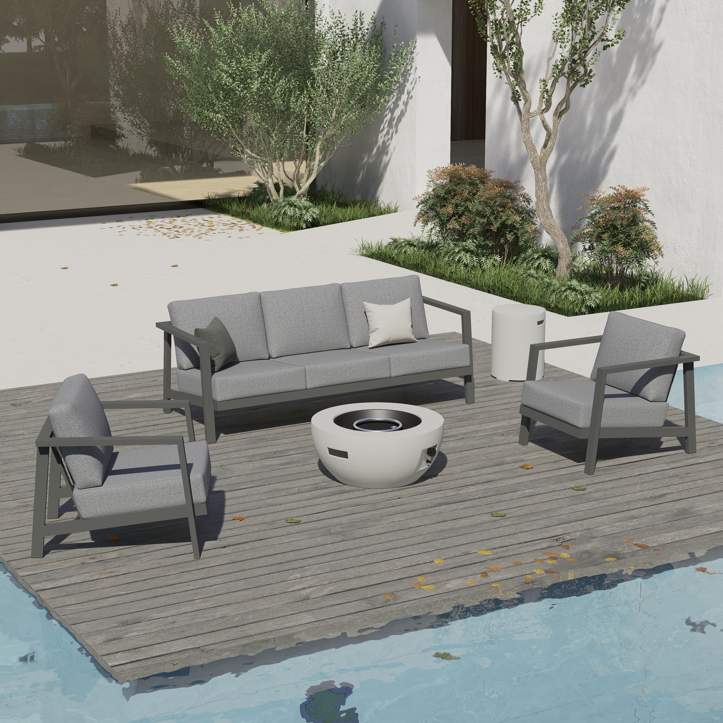 KATE Aluminum Outdoor Sofa with Armchairs - 5 Seat - Fire table-Egg