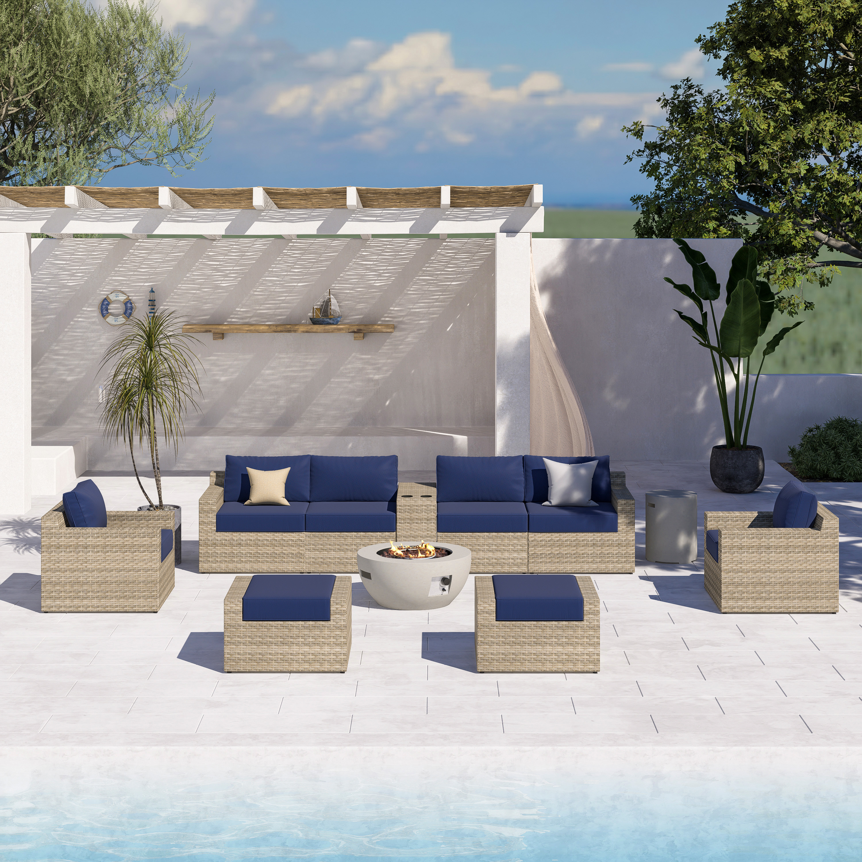 VENTURA 11 Piece Wicker Outdoor Conversation Sofa With Fire table-Egg