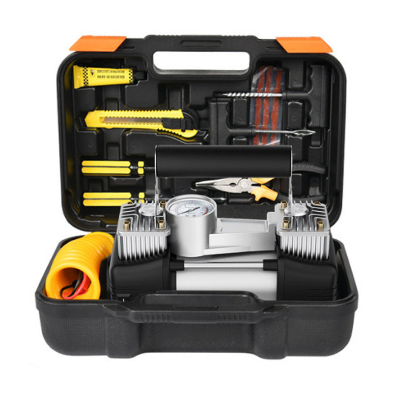 Tire Inflator w/ Tire Repair Kit and Toolbox Air Compressor Air Pump 150PSI Gauge Car Emergency Kit Carry Case Adapters Car Plug-grikey