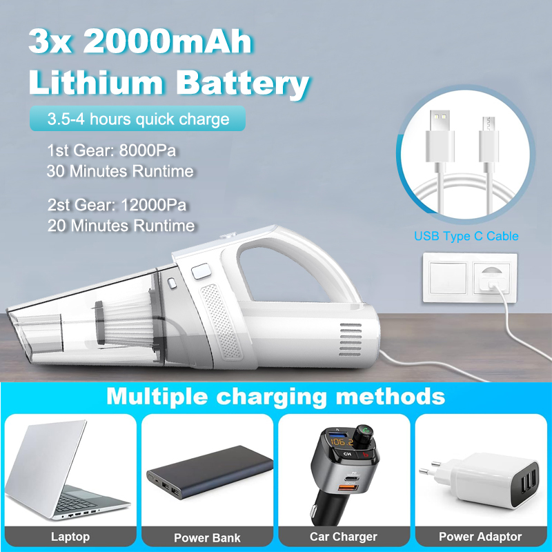 Handheld Vacuum Portable Rechargeable Car Vacuum Cleaner Cordless with 12000PA Powerful Suction for Car Home Office and Pet Hair-grikey