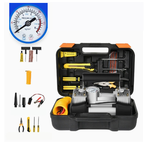 Tire Inflator w/ Tire Repair Kit and Toolbox Air Compressor Air Pump 150PSI Gauge Car Emergency Kit Carry Case Adapters Car Plug-grikey