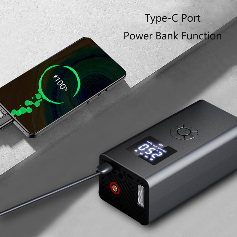 Portable 6000mAh Wireless Air Compressor with Power Bank, Tire Inflator w/ 4 Modes LCD, Type-C, Auto Shut-Off & LED Light-grikey