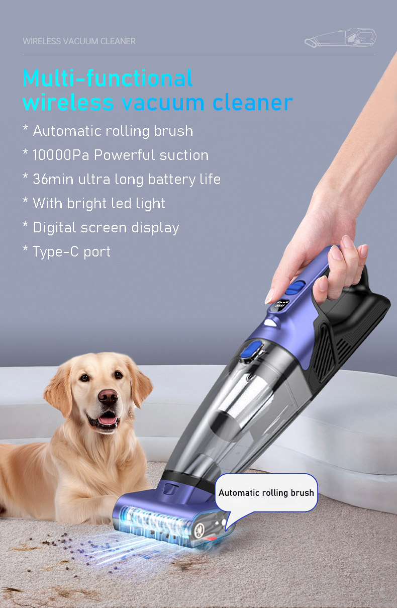 Cordless Handheld Vacuum Cleaner 10000Pa Powerful Suction Deep Clean Includes Motorized Pet Brush Roll Tool Extended Run Time