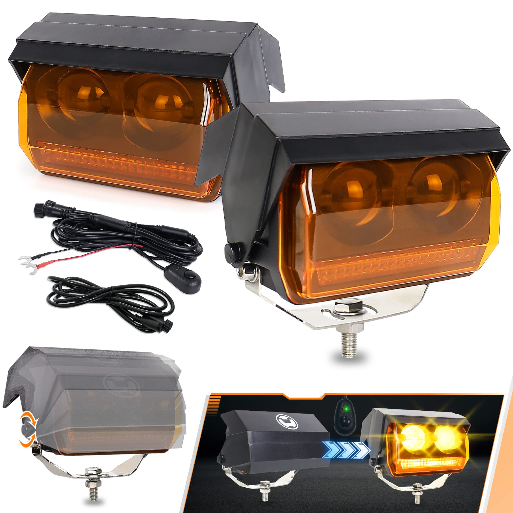 LED Off Road Lights, Amber Lens Hidden LED Driving Lights with Automatic ON/OFF Cover Switch Wiring Harness Kit Compatible with Trucks ATV UTV Toyota Pickup GMC 4x4 SUV