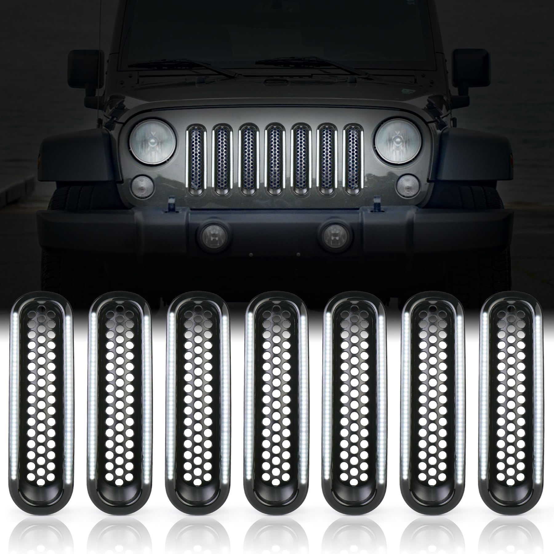 MOVOTOR JK Grill Inserts with Sequential Led Lights for Jeep,Matte Black Front Mesh Grill Accessories for Jeep Wrangler JK & Wrangler Unlimited 2007-2015