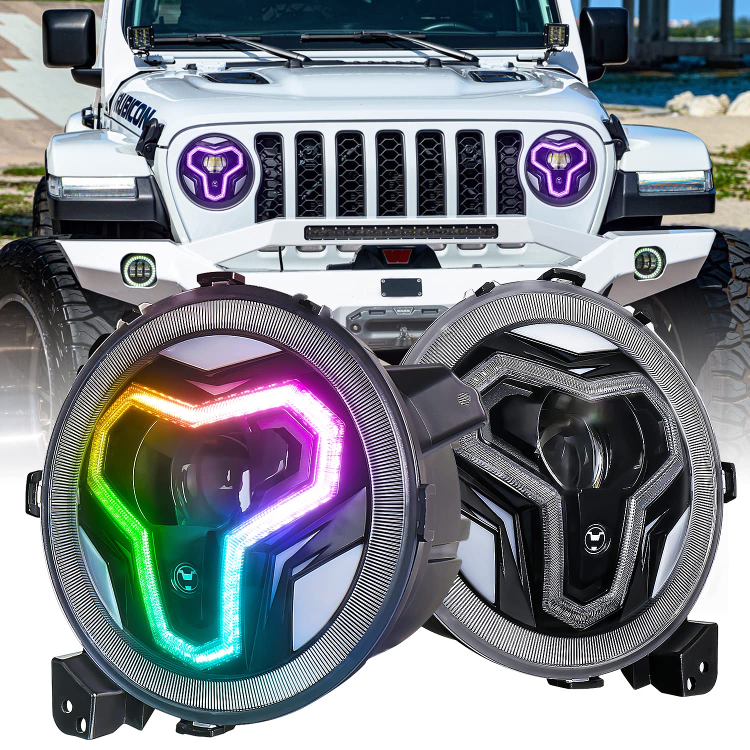 JL Headlights, 9 inch RGB Headlights with Multi-Function Halo White DRL for Jeep Wrangler JL Sahara Rubicon 2018-2023 Gladiator JT