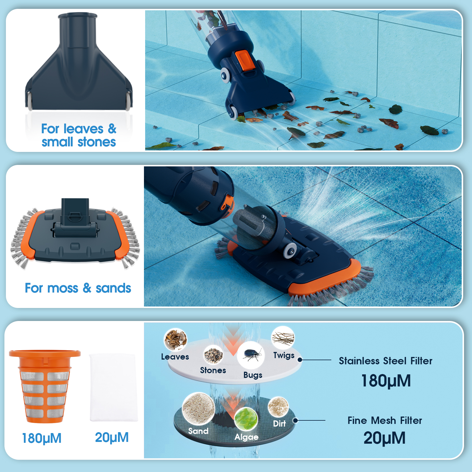AQUAFYSH AQ20 Pool Vacuum Cleaner -1h Run Time, High Capacity, Strong Suction, Angle Vac Head