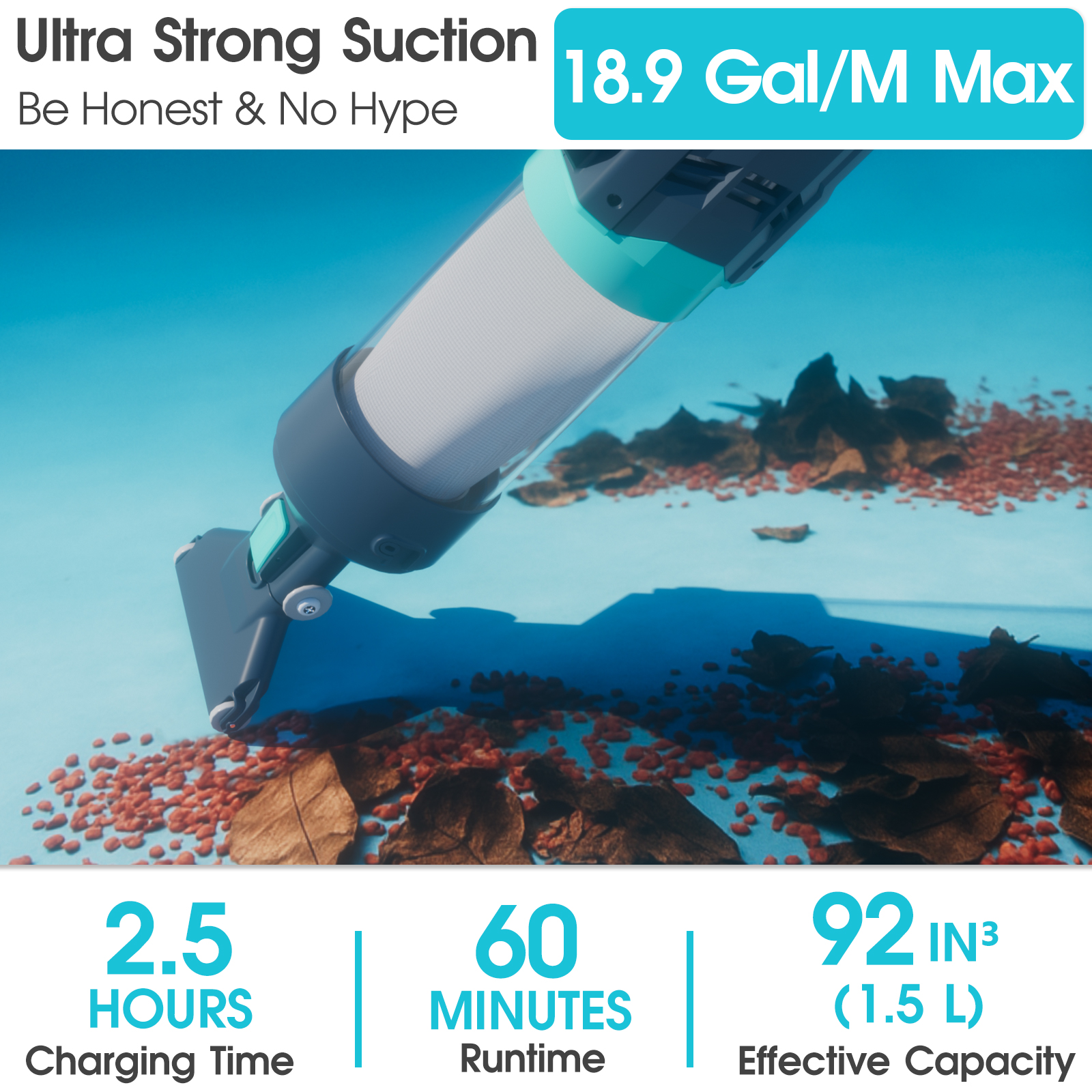 Heavy Duty Handheld Pool Vacuum - 18.9GPM Powerful Suction, 25µm Ultra Fine Mesh Filter for Smaller Debris, 14'' Wide Vacuum Head, 60mins Running Time (Blue)