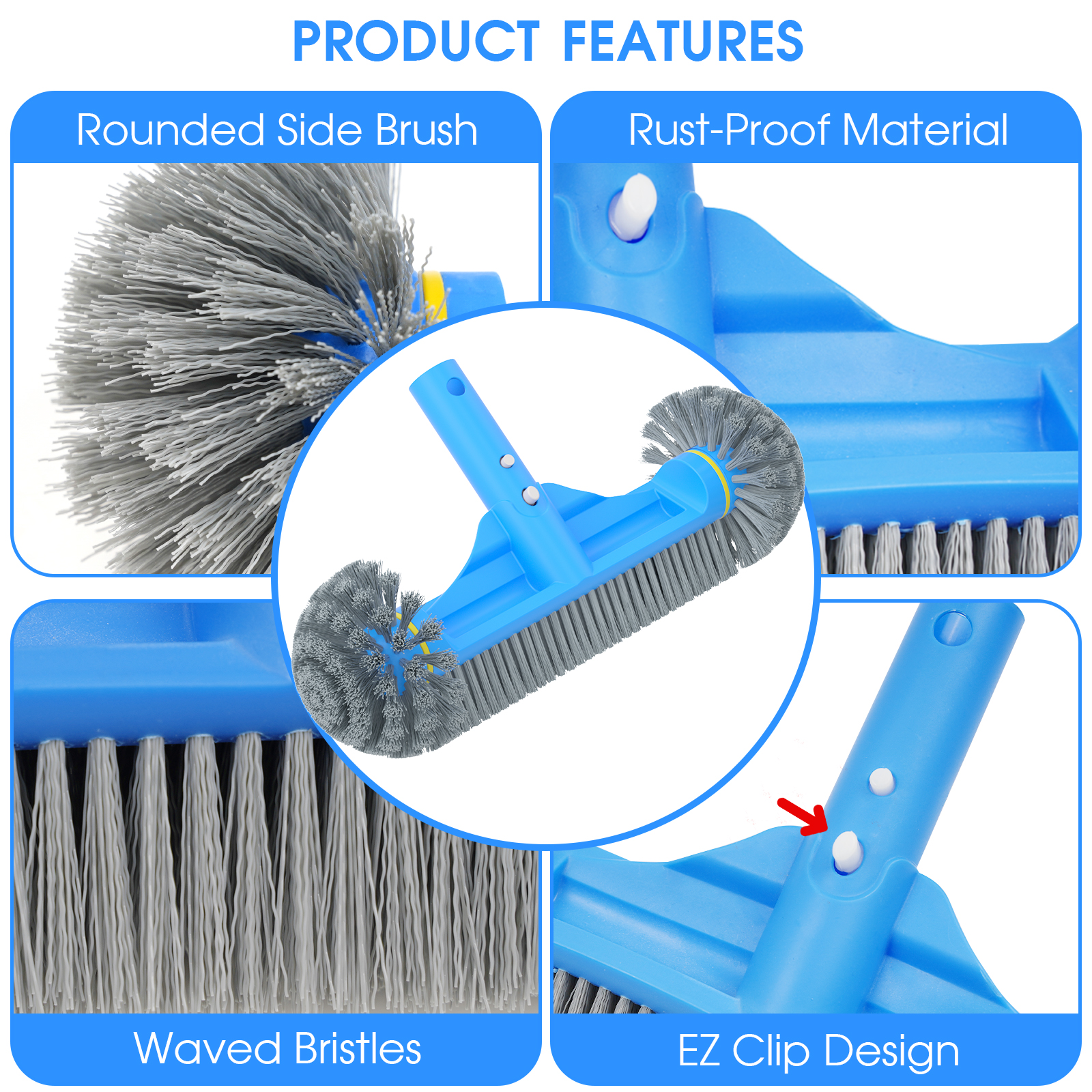 3PCS Pool Cleaning Kit - 12.5'' Pool Brush with Round End & 11'' Pool Skimmer Net Fine Mesh & 5.7 Feet Thick Aluminum Pole 5-Segment, for Above Ground & Inground Pools Ponds