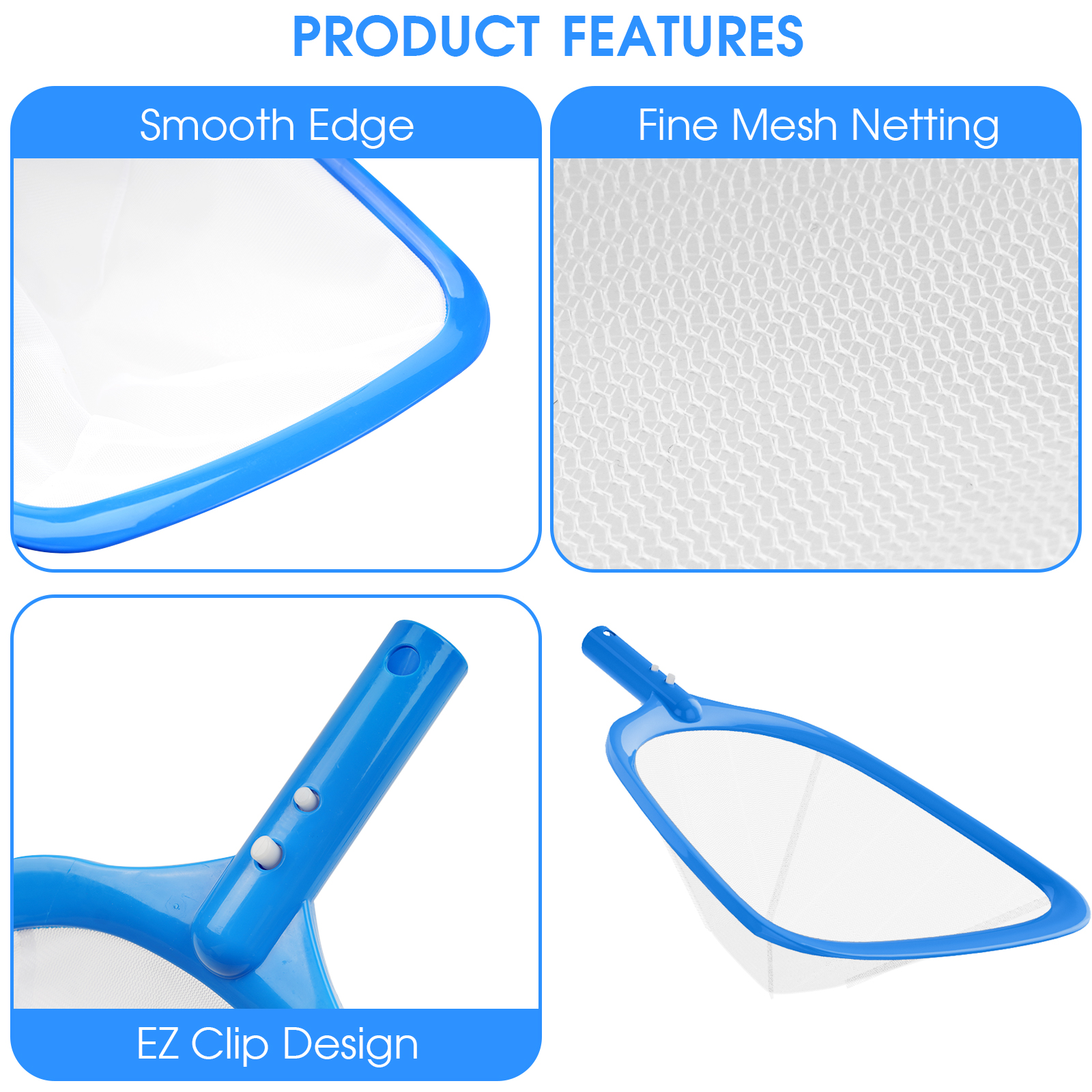 3PCS Pool Cleaning Kit - 12.5'' Pool Brush with Round End & 11'' Pool Skimmer Net Fine Mesh & 5.7 Feet Thick Aluminum Pole 5-Segment, for Above Ground & Inground Pools Ponds