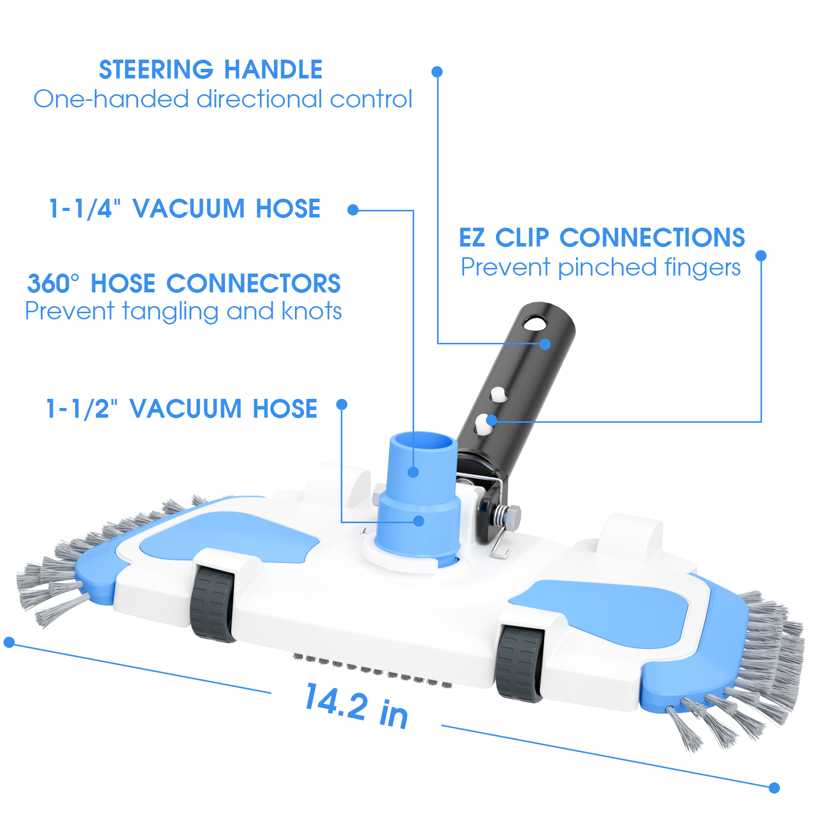 Enhanced Pool Vacuum Head with Direction-Control Swivel Handle, Stable-Maintain Spring, Vinyl Pool Vac with Wheels, Side Brush and Bottom Brush for Inground & Above Ground Pools