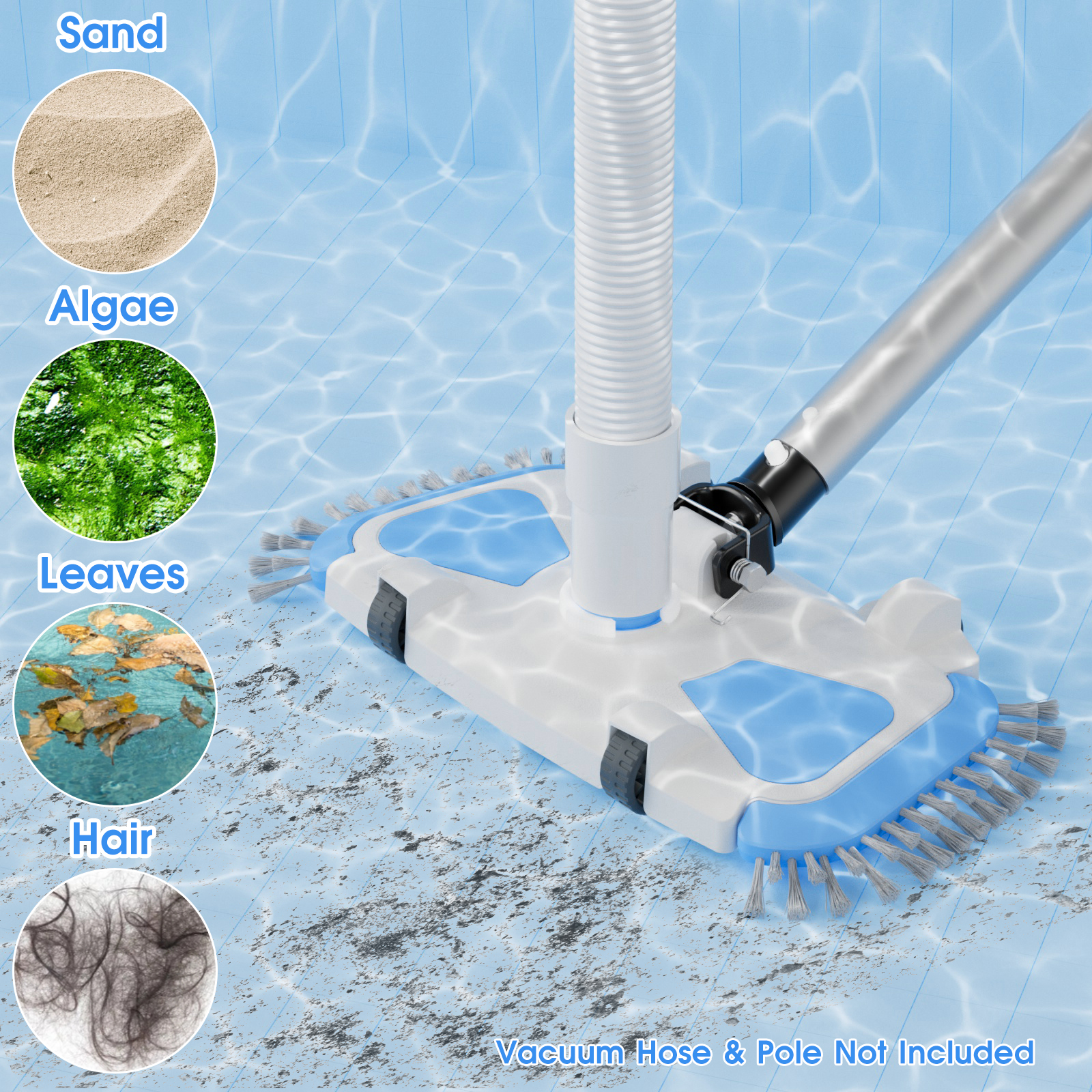 Enhanced Pool Vacuum Head with Direction-Control Swivel Handle, Stable-Maintain Spring, Vinyl Pool Vac with Wheels, Side Brush and Bottom Brush for Inground & Above Ground Pools
