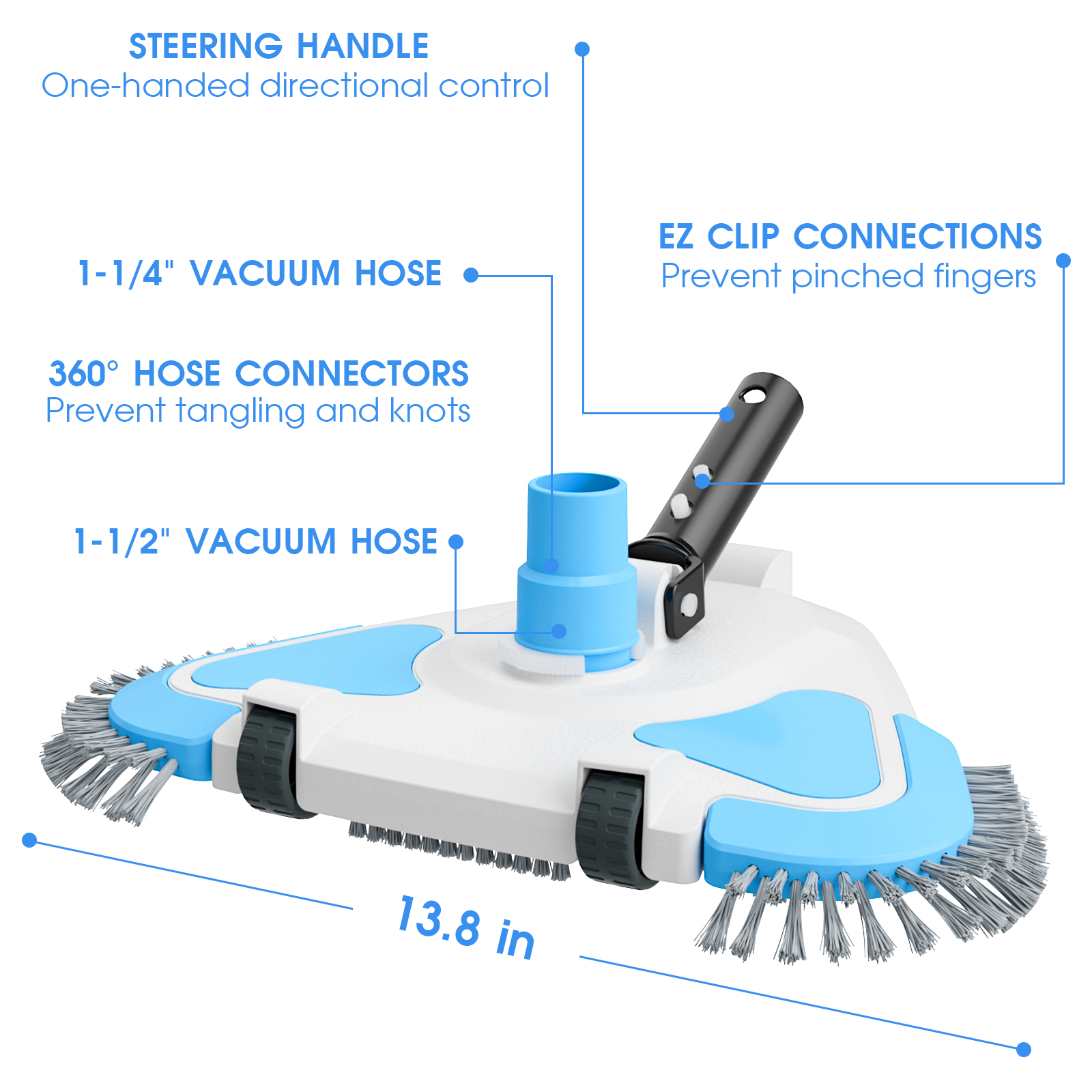 2025 Enhanced TidyMister Pool Vacuum Head with Wheels,Steering Handle Swimming Pool Vac with Side Brush & Rotatable Hose Adapter(Safe for Vinyl Liner) for Inground & Above Ground Pools - Triangle
