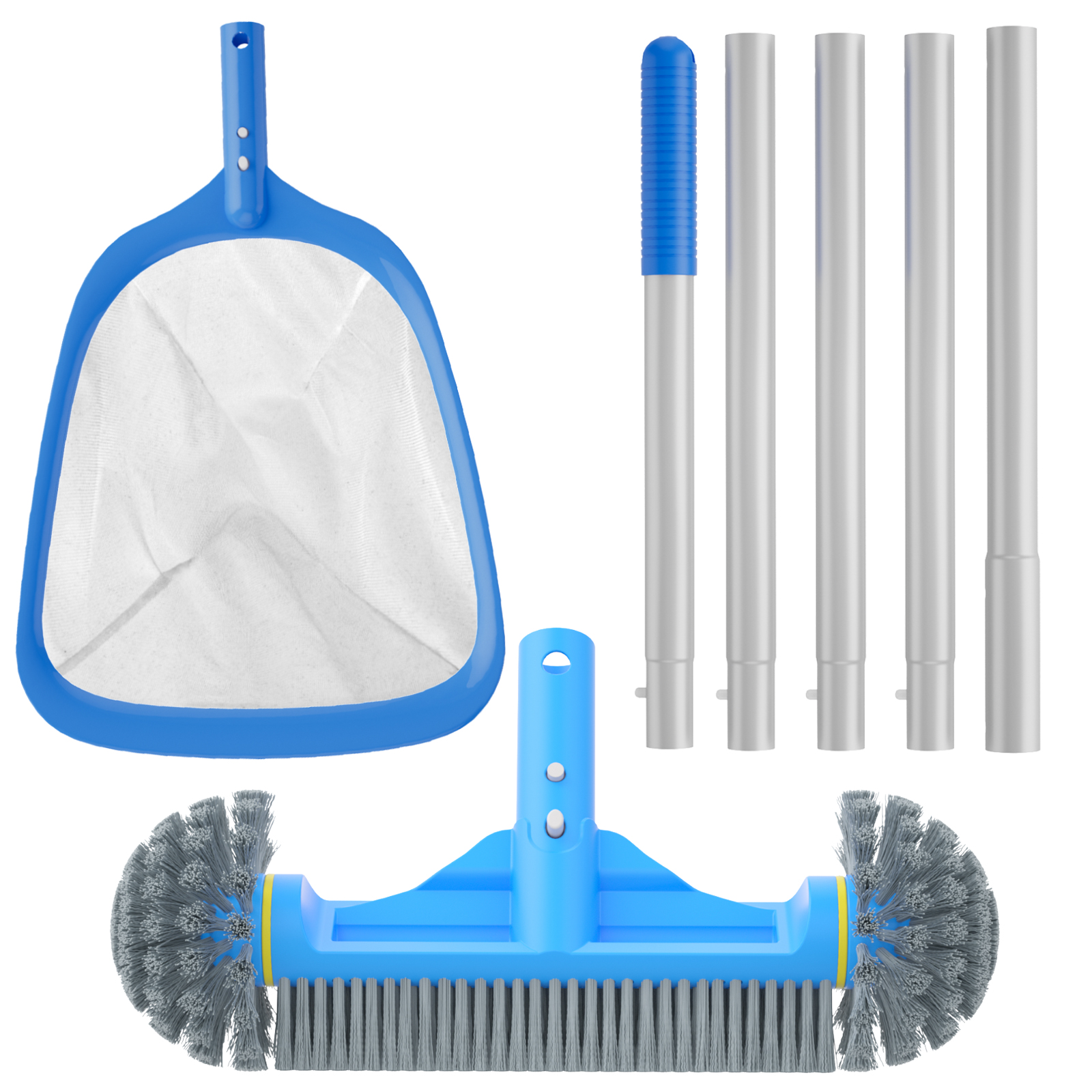 3PCS Pool Cleaning Kit - 12.5'' Pool Brush with Round End & 11'' Pool Skimmer Net Fine Mesh & 5.7 Feet Thick Aluminum Pole 5-Segment, for Above Ground & Inground Pools Ponds
