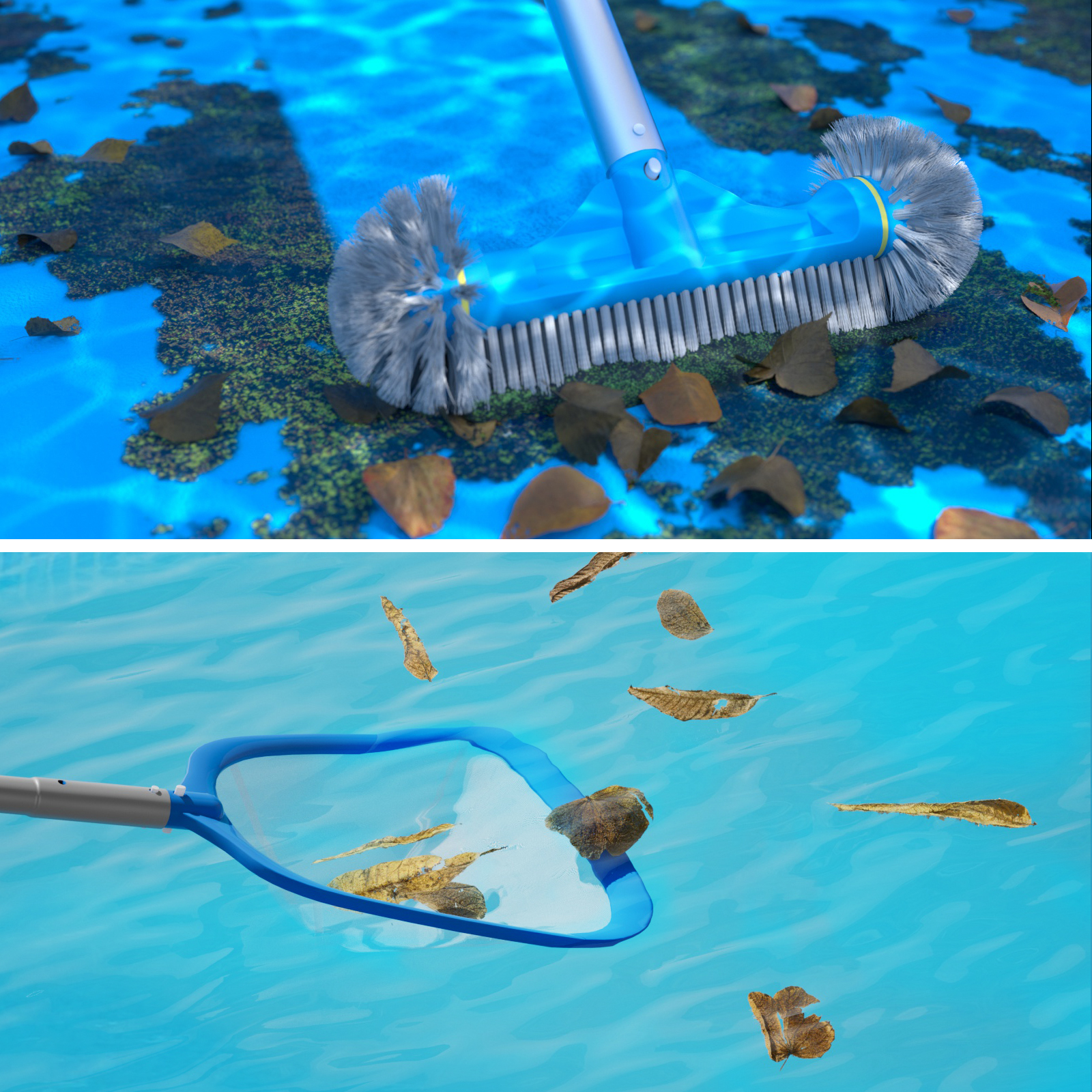 3PCS Pool Cleaning Kit - 12.5'' Pool Brush with Round End & 11'' Pool Skimmer Net Fine Mesh & 5.7 Feet Thick Aluminum Pole 5-Segment, for Above Ground & Inground Pools Ponds