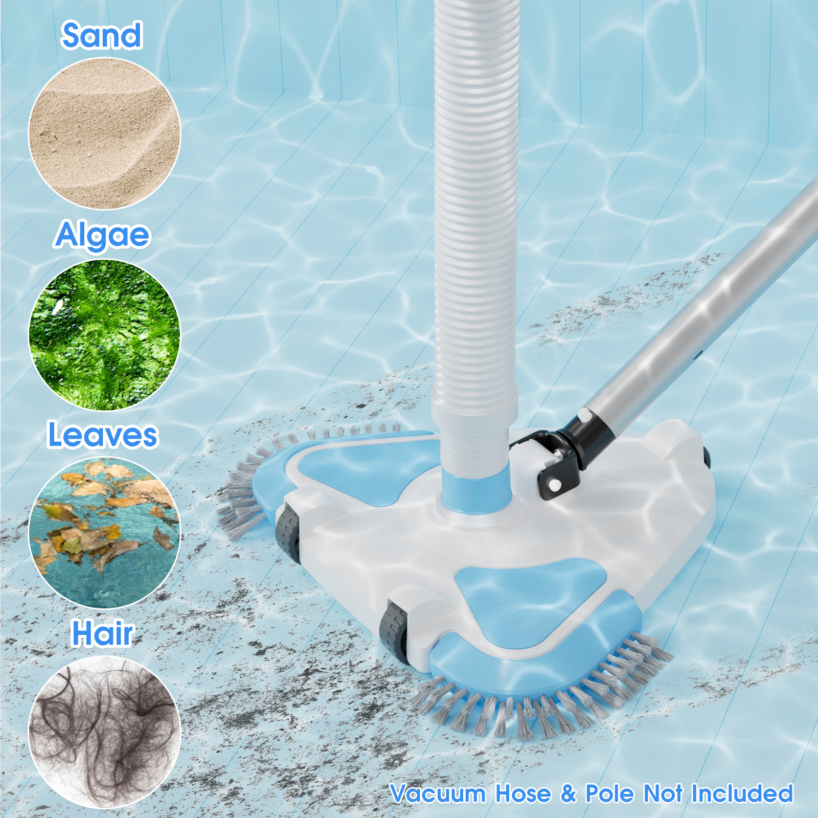 2025 Enhanced TidyMister Pool Vacuum Head with Wheels,Steering Handle Swimming Pool Vac with Side Brush & Rotatable Hose Adapter(Safe for Vinyl Liner) for Inground & Above Ground Pools - Triangle