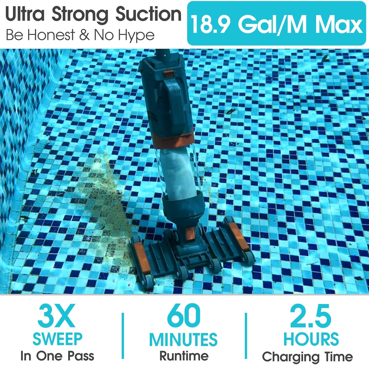 Heavy Duty Handheld Pool Vacuum - 18.9GPM Powerful Suction, 25µm Ultra Fine Mesh Filter for Smaller Debris, 14'' Wide Vacuum Head, 60mins Running Time (Orange)