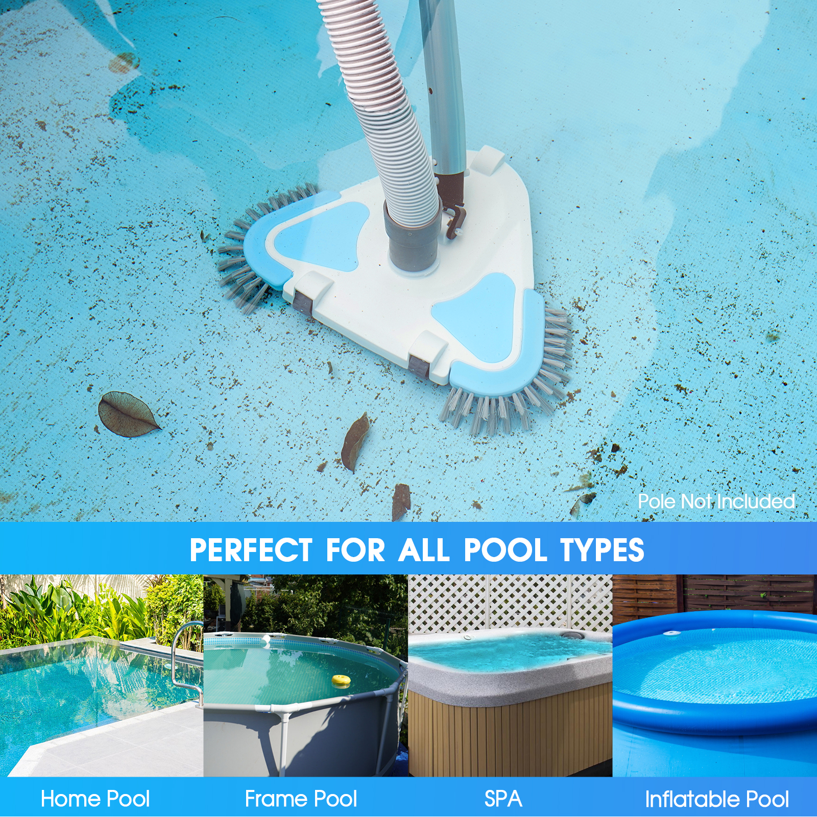 2025 Enhanced TidyMister Pool Vacuum Head with Wheels,Steering Handle Swimming Pool Vac with Side Brush & Rotatable Hose Adapter(Safe for Vinyl Liner) for Inground & Above Ground Pools - Triangle