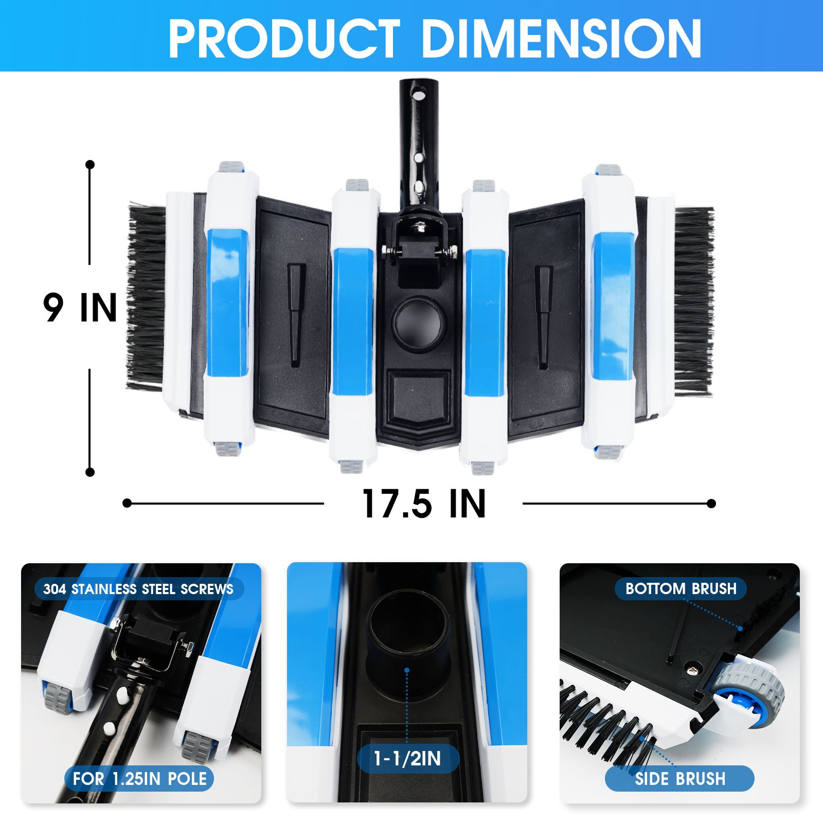 Enhanced Pool Vacuum Head with Direction-Control Swivel Handle Pool Brush Head with Wheels for Vinyl Liner Professional Weighted Pool Vac Cleaner for Inground & Above Ground Pool - Blue