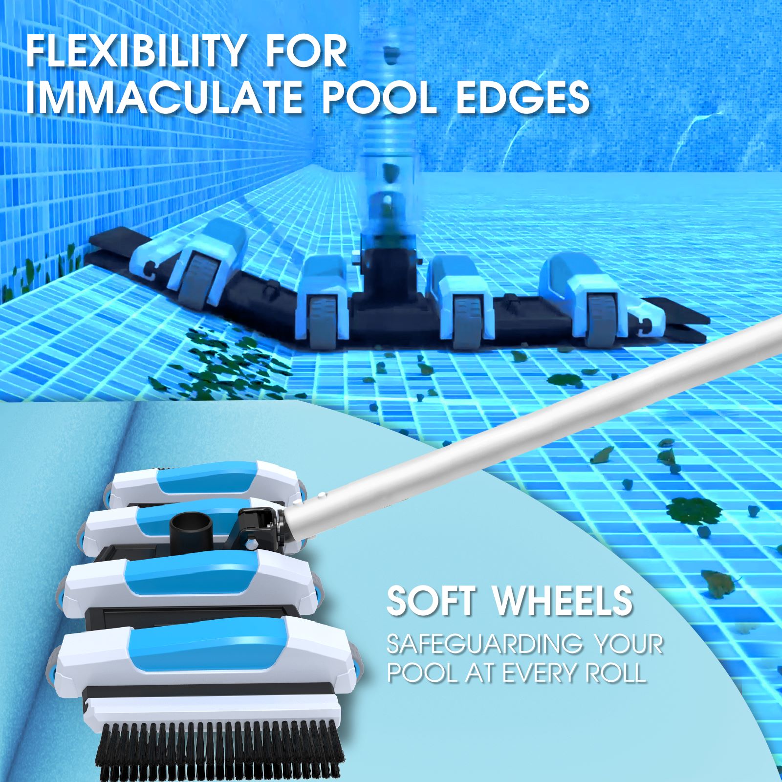 Enhanced Pool Vacuum Head with Direction-Control Swivel Handle Pool Brush Head with Wheels for Vinyl Liner Professional Weighted Pool Vac Cleaner for Inground & Above Ground Pool - Blue