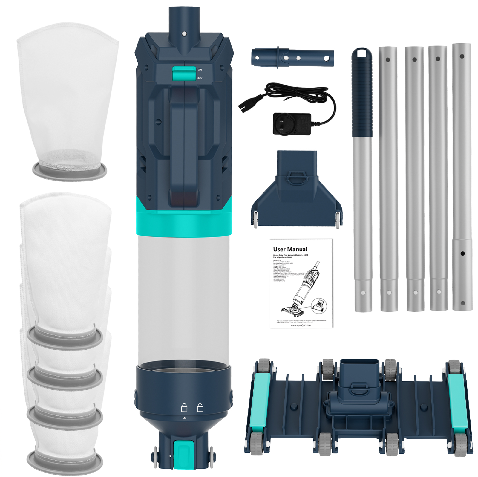 Heavy Duty Handheld Pool Vacuum - 18.9GPM Powerful Suction, 25µm Ultra Fine Mesh Filter for Smaller Debris, 14'' Wide Vacuum Head, 60mins Running Time (Blue)