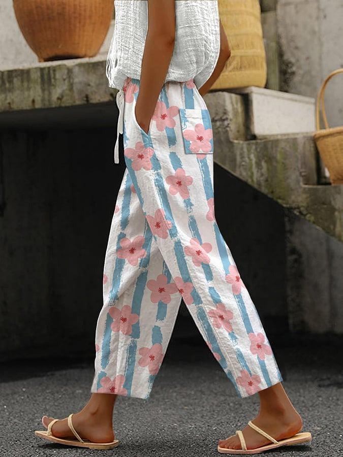 Fresh Floral Print Side Pocket Pants