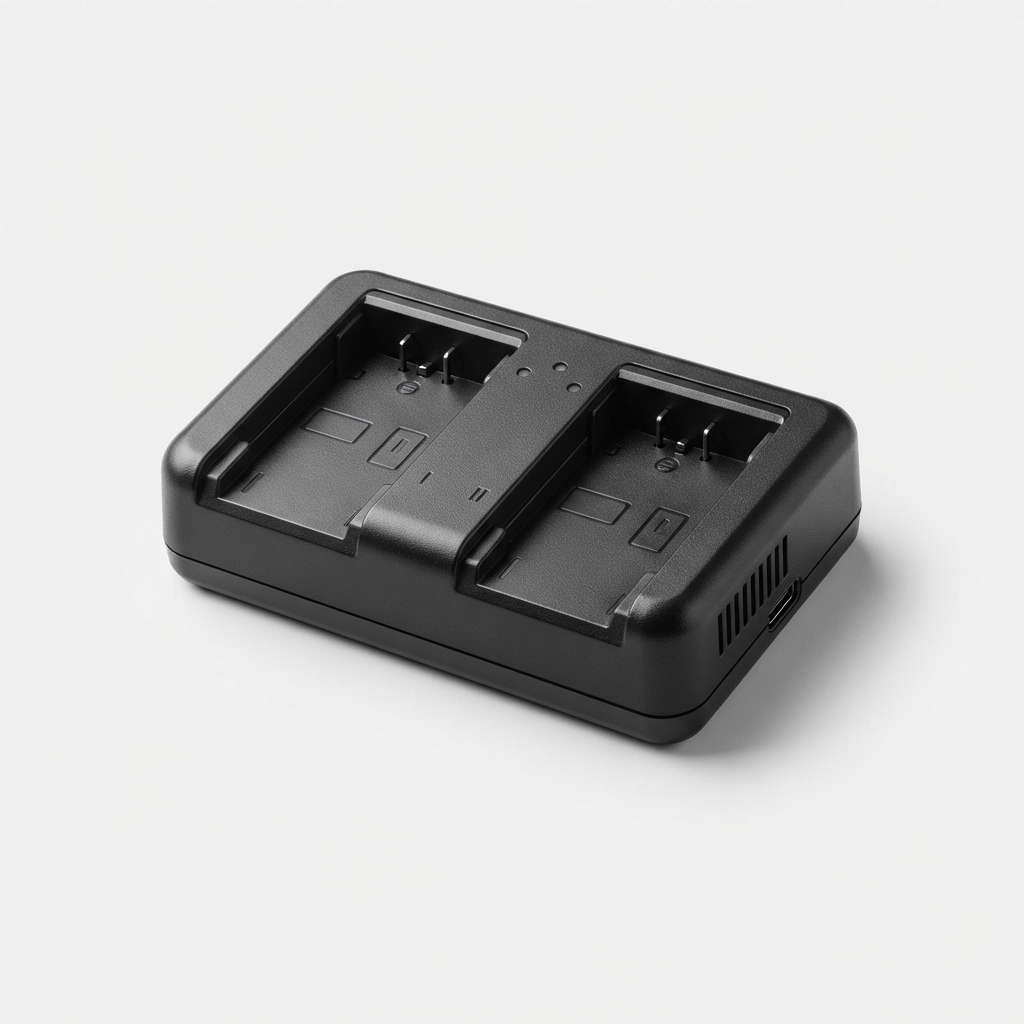 Black dual-slot camera battery charger on matte off-white background