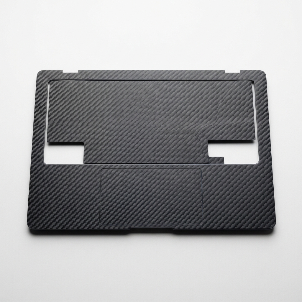 Dark slate gray carbon-style laptop skin sheet on matte off-white background