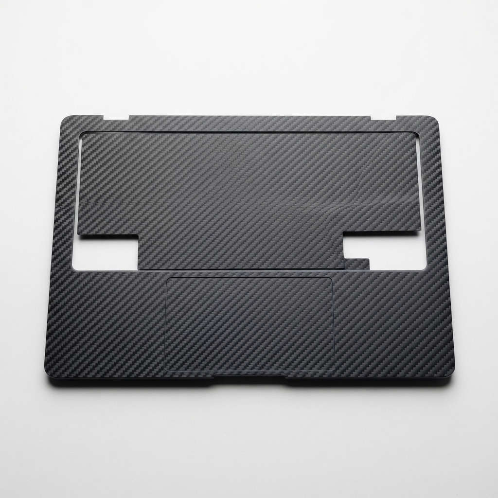 Dark slate gray carbon-style laptop skin sheet on matte off-white background