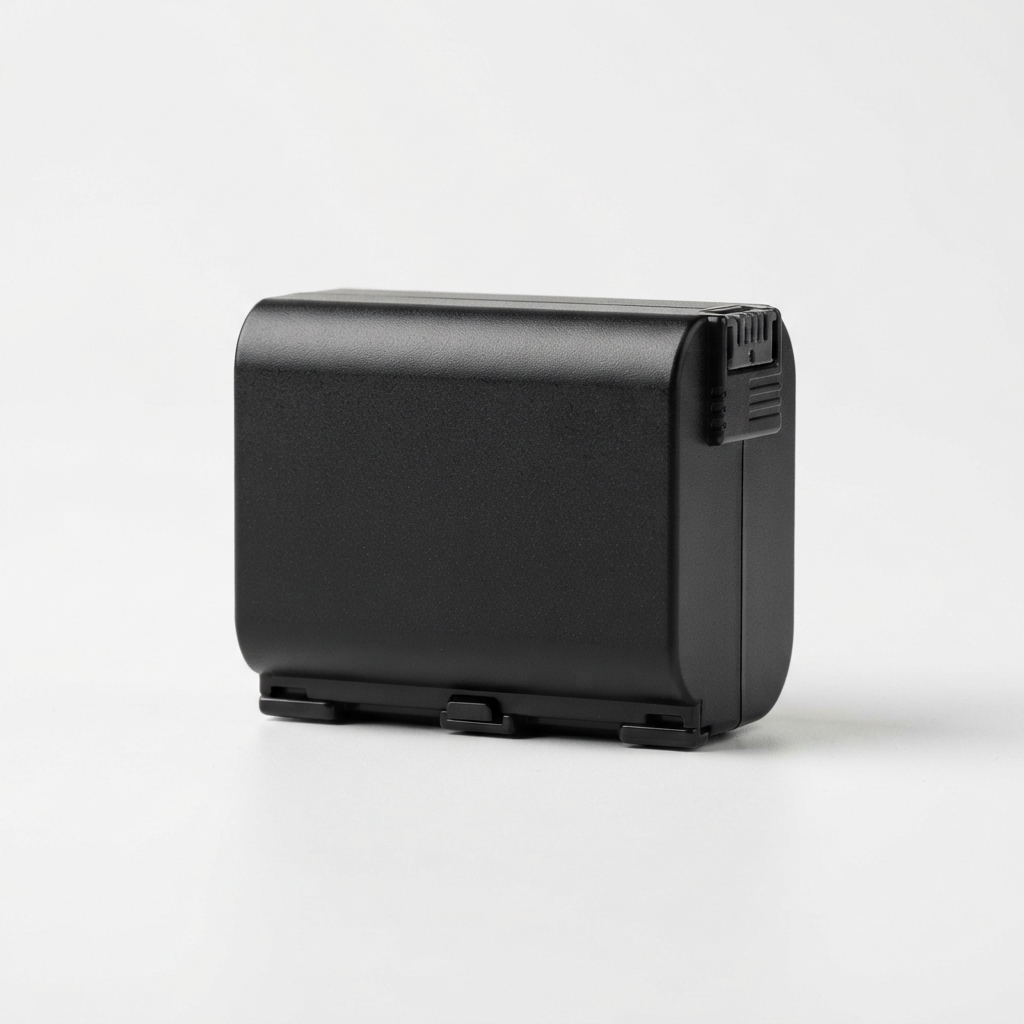 Black camera battery pack on matte off-white background