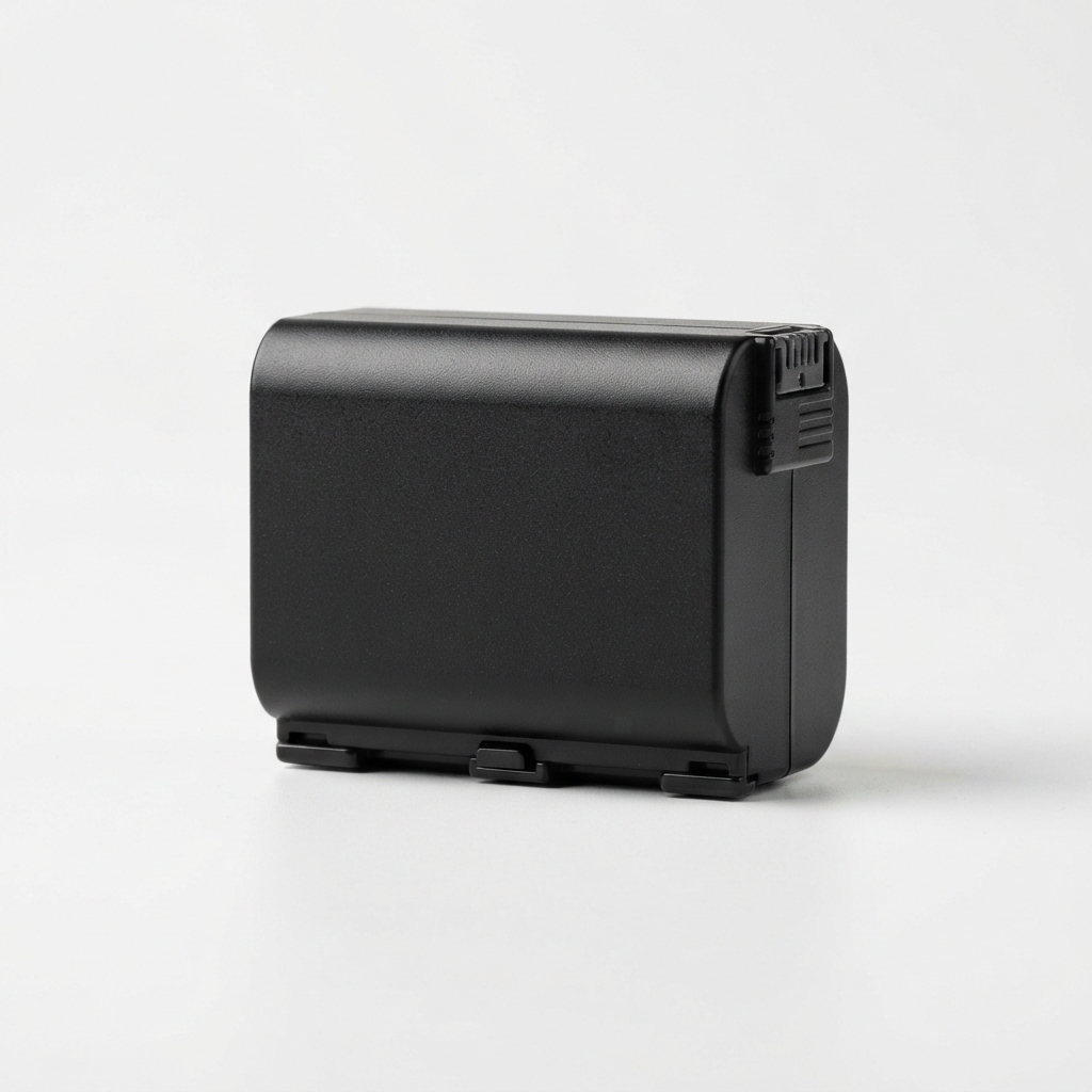 Black camera battery pack on matte off-white background