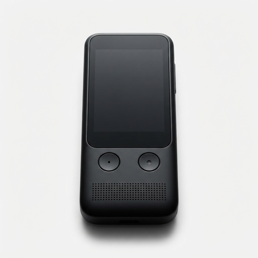 Black handheld AI voice translator on matte off-white background