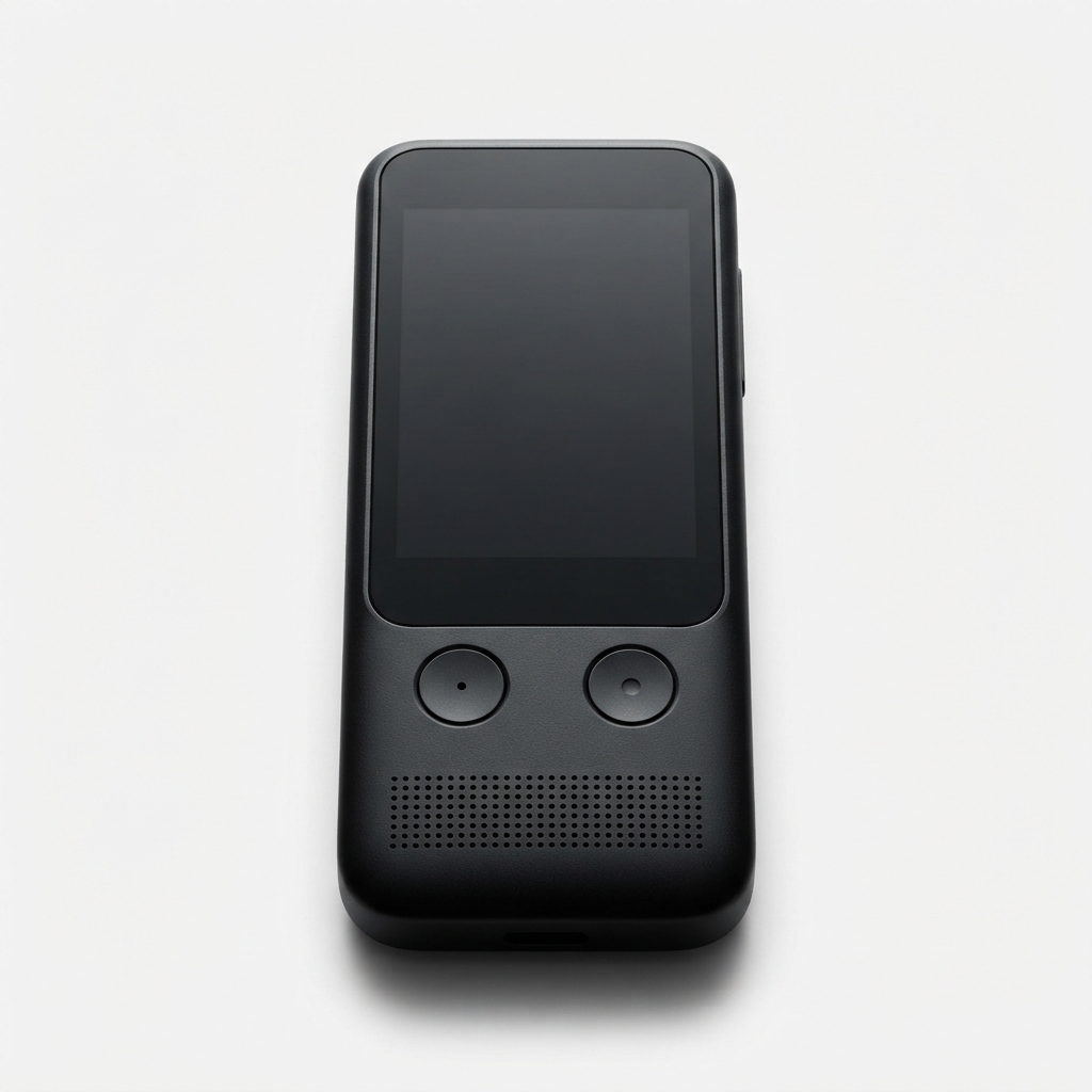 Black handheld AI voice translator on matte off-white background