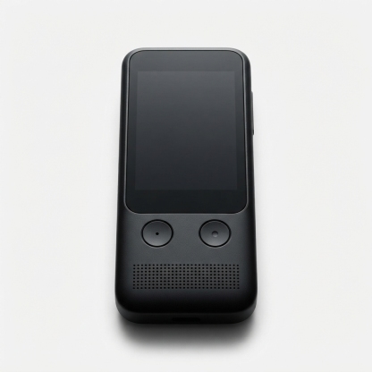 Black handheld AI voice translator on matte off-white background