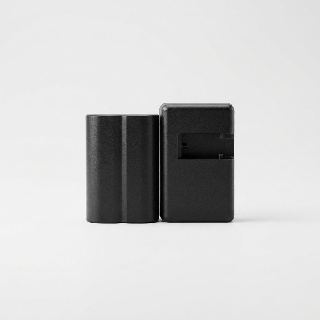 Black camera battery and charger travel kit on matte off-white background