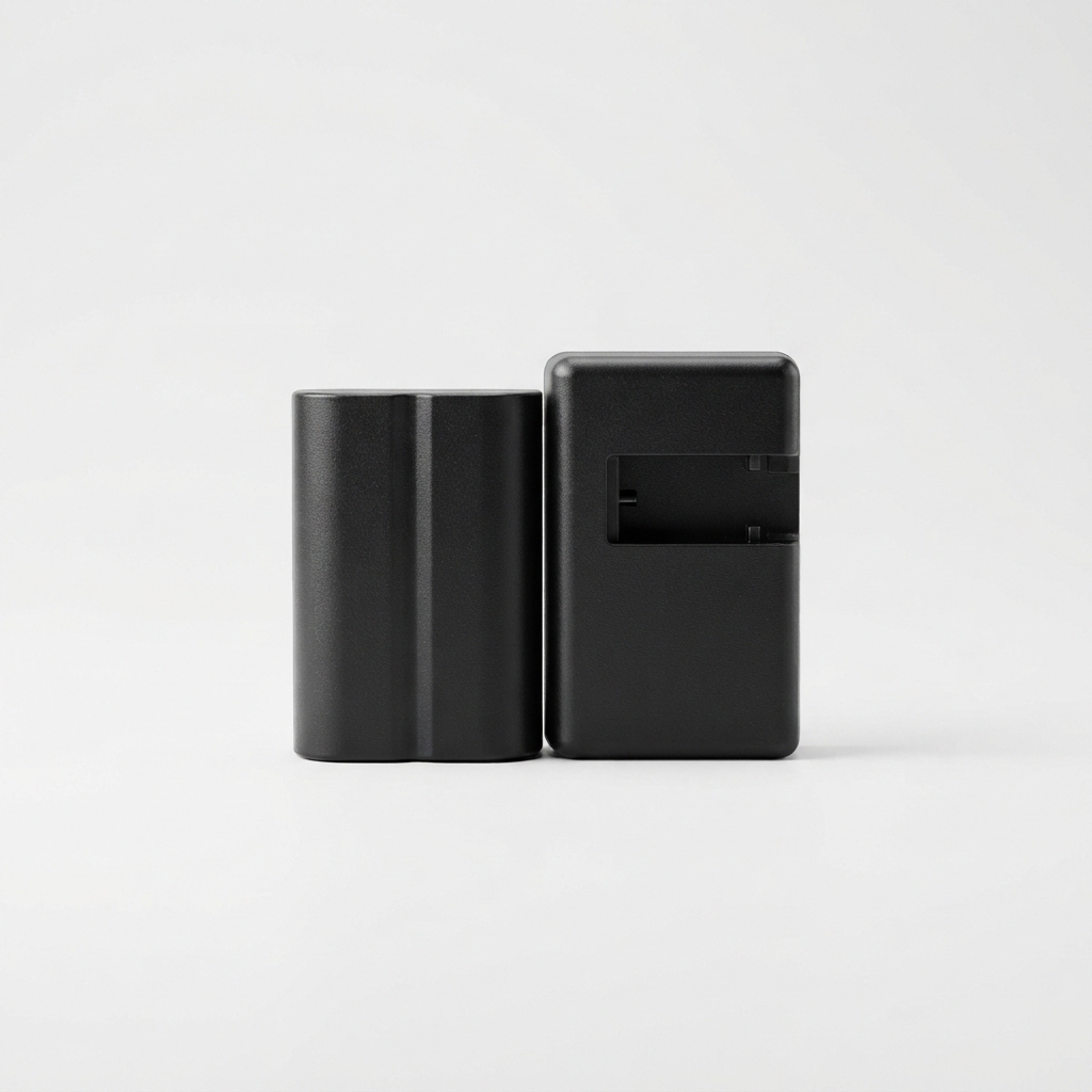 Black camera battery and charger travel kit on matte off-white background